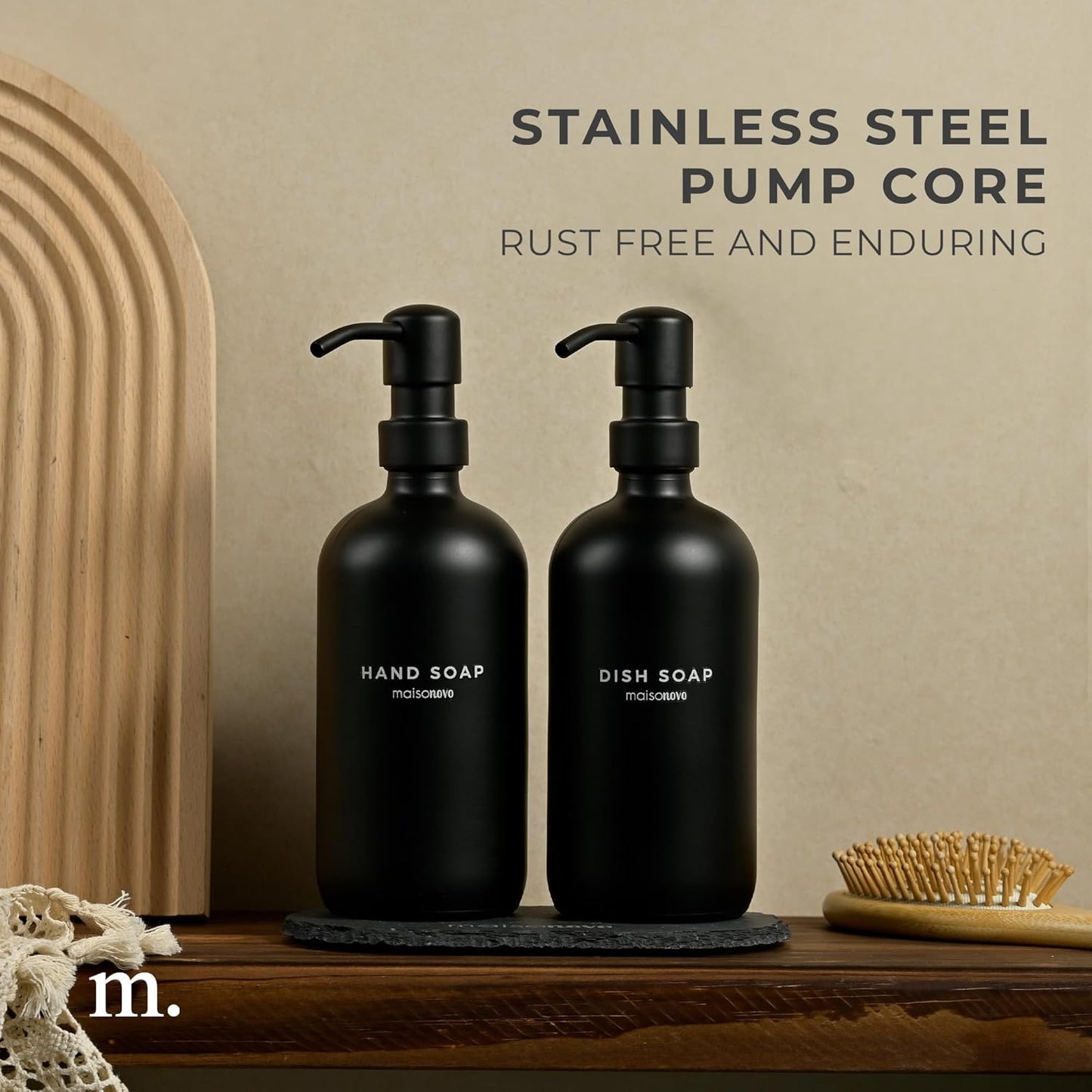 MaisoNovo Soap Dispenser 3-Piece Set | 16.9oz Black Bottles with Black Stainless Steel Pumps