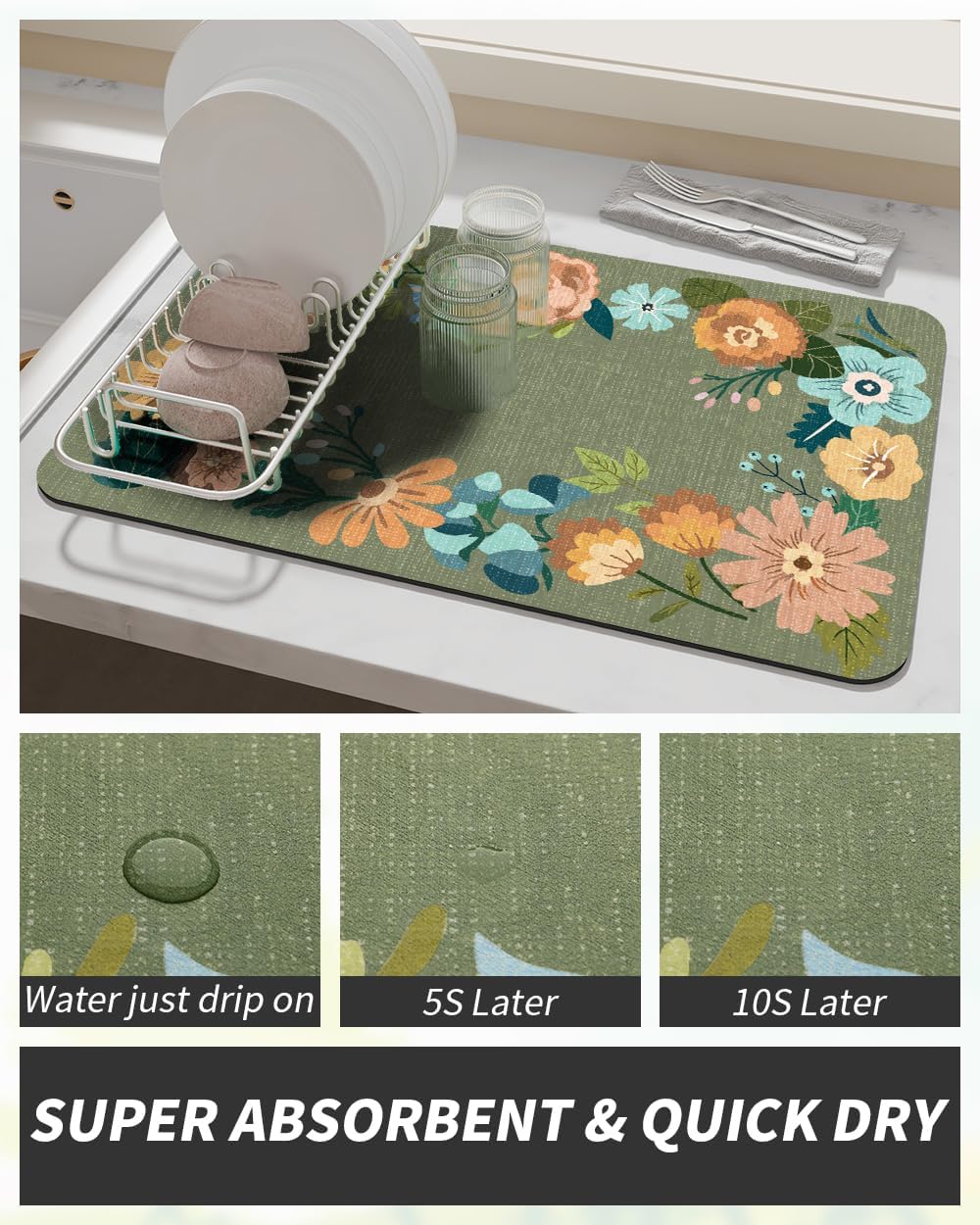AMOAMI Coffee Mat - Hide Stain Rubber Backed Absorbent Dish Drying Mat for Kitchen Counter - Bar Accessories Fit Under Coffee Maker, Espresso Machine, Dish Rack - Floral Green 16x24