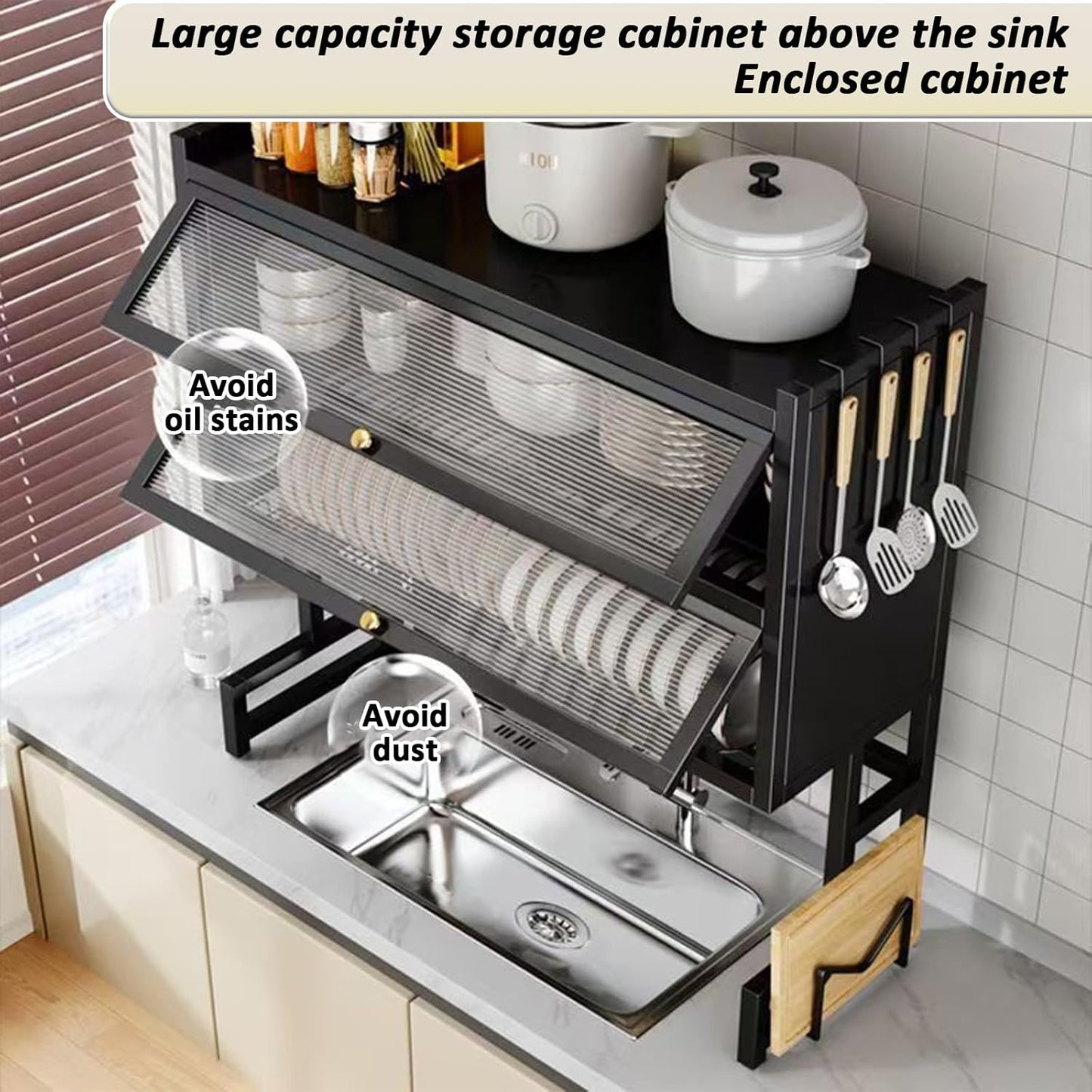 Dish Drying Rack 4 Tiers with Cover, Keep Kitchen Sink Shlef Organized Space-Saving Dish Drying Rack, for Dishes, Glasses, Bowls, Cutlery (black, W-29.5)