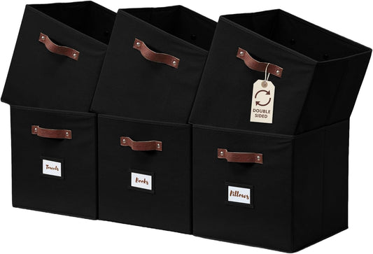 DECOMOMO Storage Bins, Cube Storage Bin with Labels, Fabric Storage Cubes for Shelves (10.5" x 11" / 6pcs, Black)