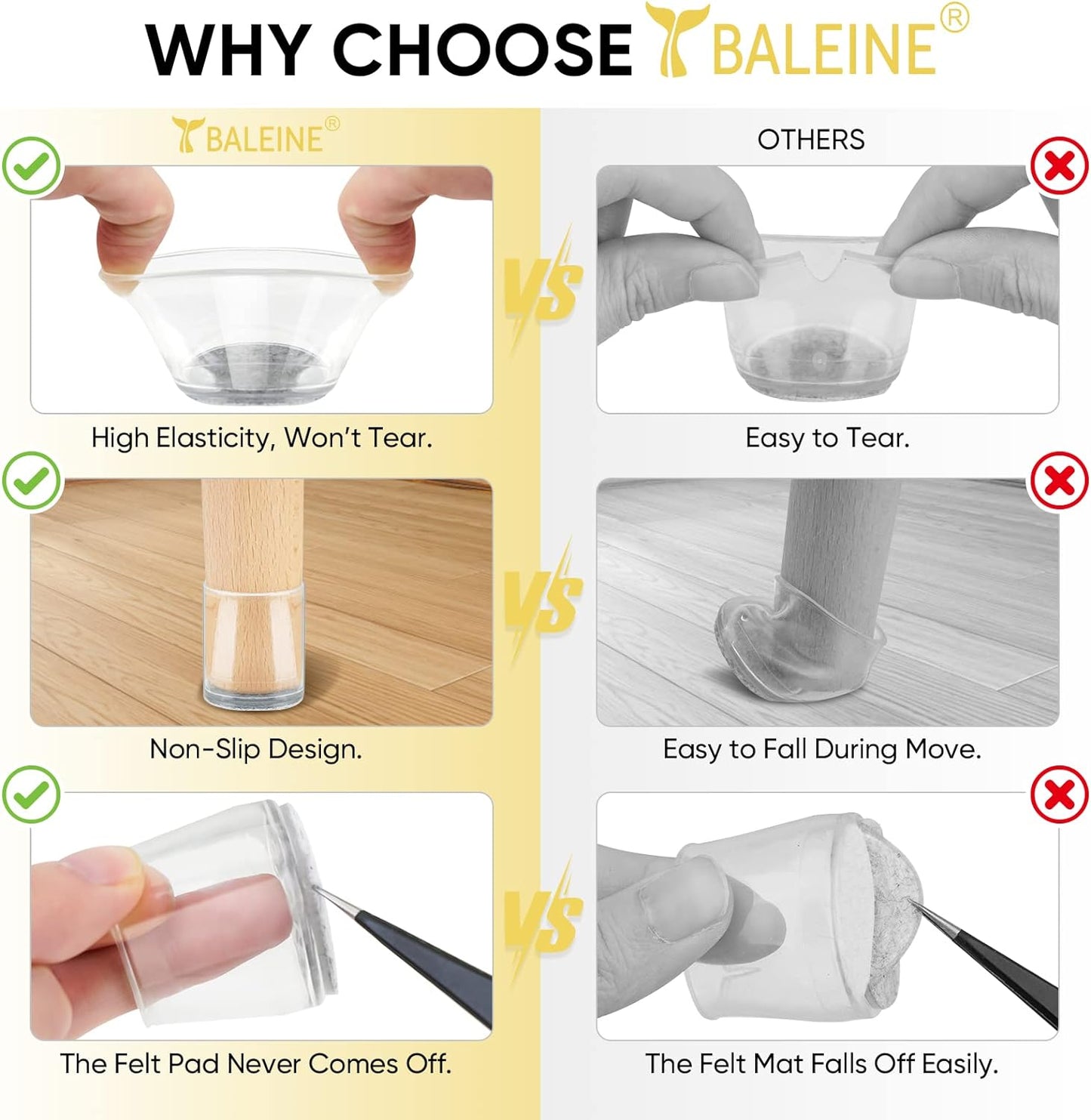 BALEINE 32 Pack Silicone Chair Leg Floor Protectors, Stool Leg Protectors Cap, Non-Slip Chair Leg Caps for Hardwood Floors (Clear, X-Large, 32 Pack)