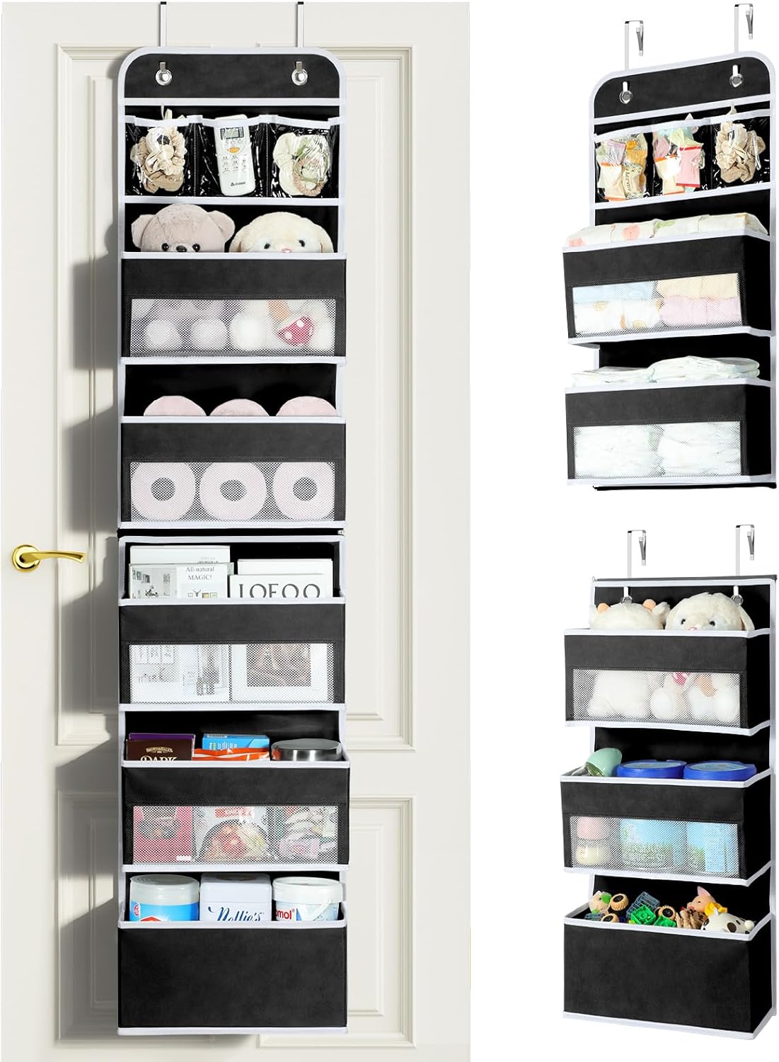 LAMU 6-Tier Over The Door Organizer, Swing - Proof Closet Door Organizer, Flexible 1 Split into 2 Over The Door Storage Organizer for Nursery, Bathroom, Bedroom, Black, 5 x 14 x 61in