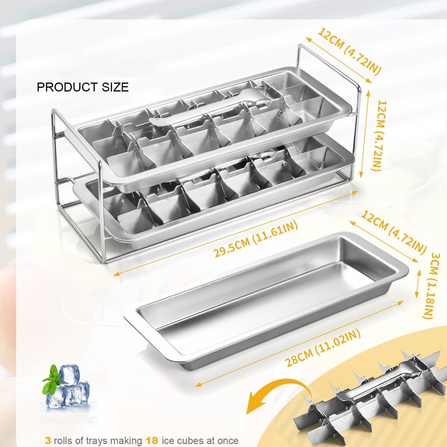 Stainless Steel Ice Cube Tray 2 Pack, 36 Large Cube Slots. Plastic Free Eco Friendly Freezer Mold W/Easy Release Lever. Stackable Retro Inspired Old Fashioned Vintage Ice-Making