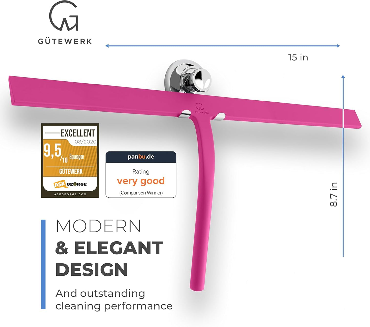 GÜTEWERK Shower Squeegee for Glass Doors, Silicone Window Squeegee, Bathroom and Glass Cleaning - Pink - 15 Inch