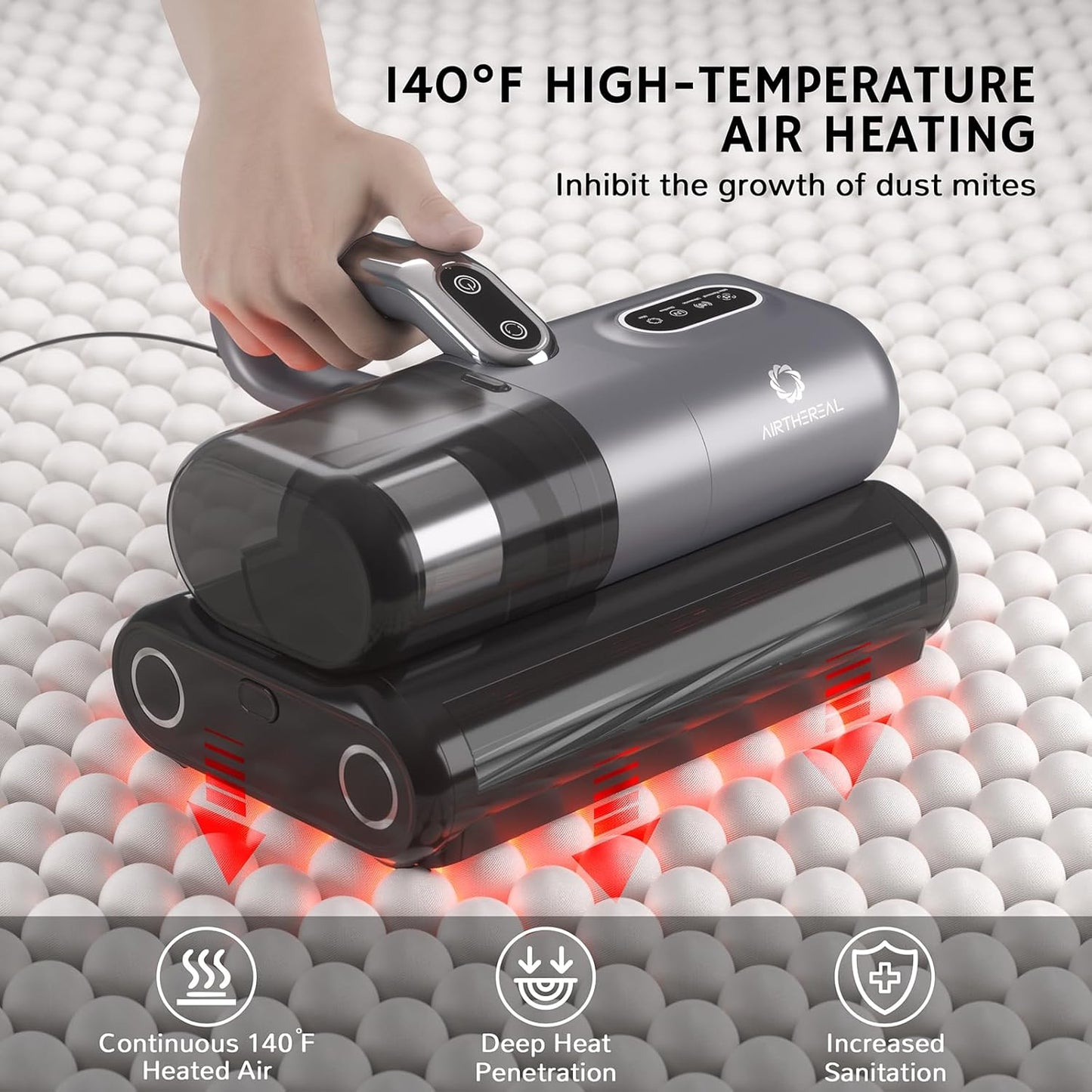 AIRTHEREAL M1 Mattress Vacuum Cleaner, 6 in 1 Bed Vacuum with High-Frequency Vibration - 80,000 RPM Dual Brushroll Rotation, UV-C Light, 14Kpa Suction, Dust Sensor, Ultrasonic and Heating Tech