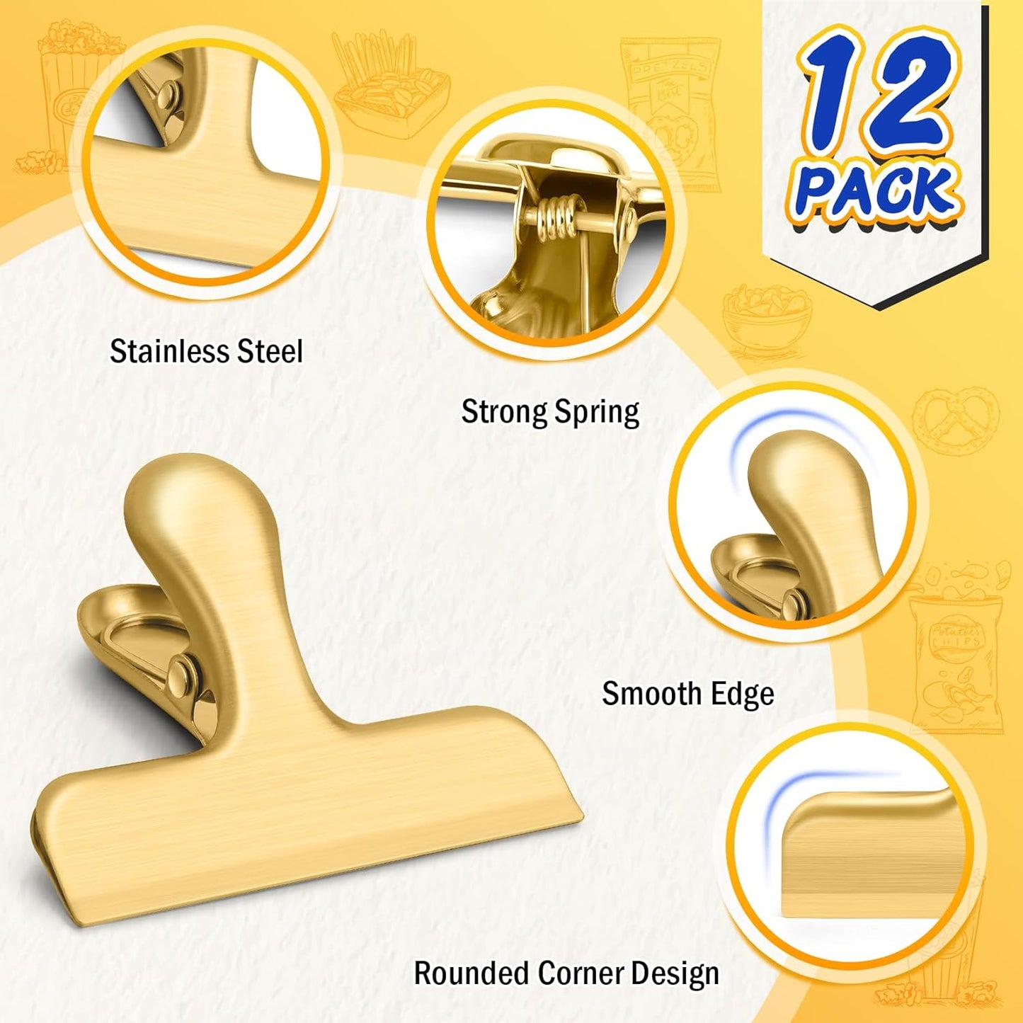 VNDUEEY 12 Pack Chip Clips, Stainless Steel Bag Clips for Food - Keep Snacks Fresh, Strong Grip Chip Clip Bag Clip, Perfect for Kitchen and Office Supplies -3 Inches, Gold