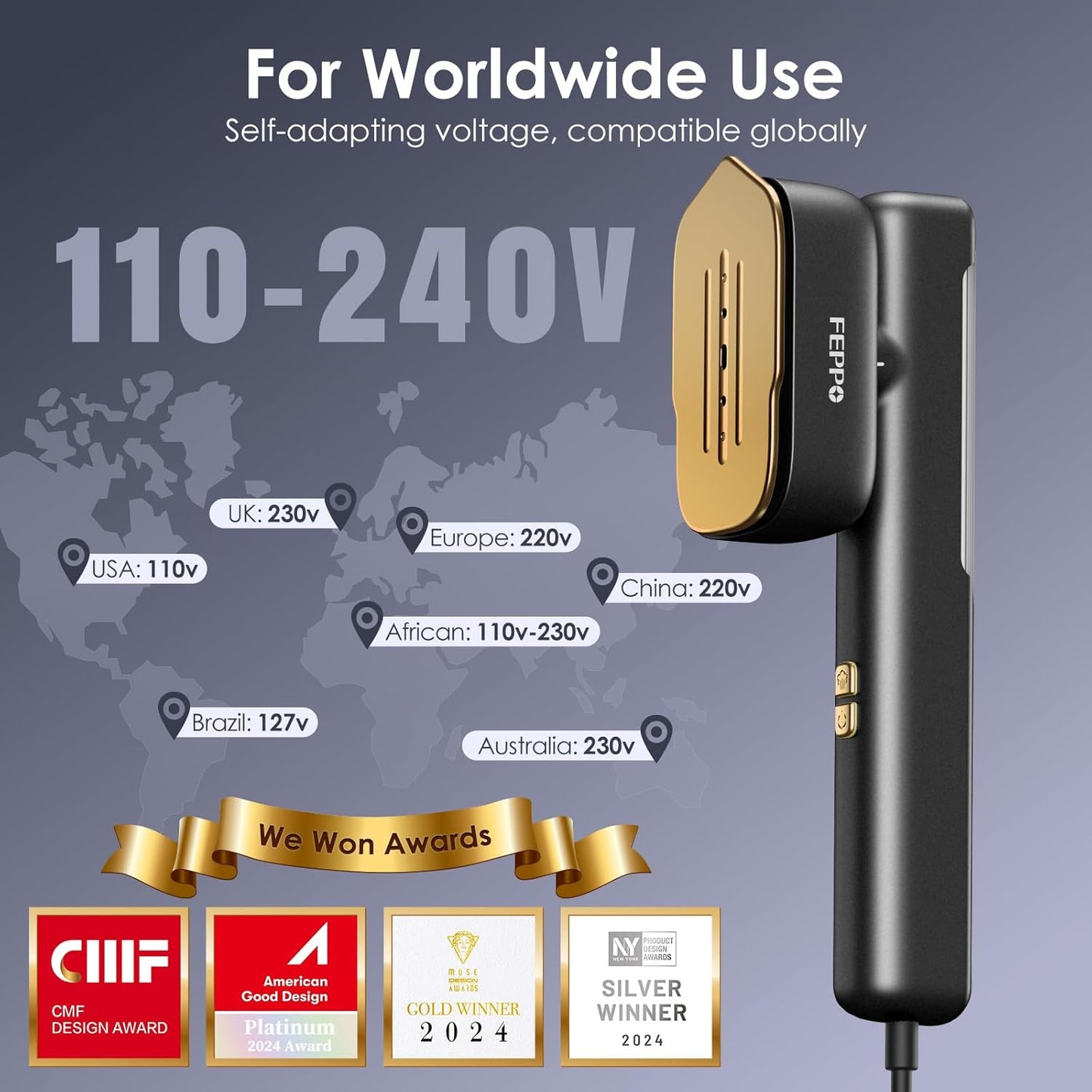 FEPPO Travel Steamer for Clothes, 110-240V Dual Voltage Portable Steamer & Iron 2 in 1, Fast Heat Up, 1100W Powerful Garment Steamer, Large Ceramic Heat Panel for Home & Global & Europe Traveling