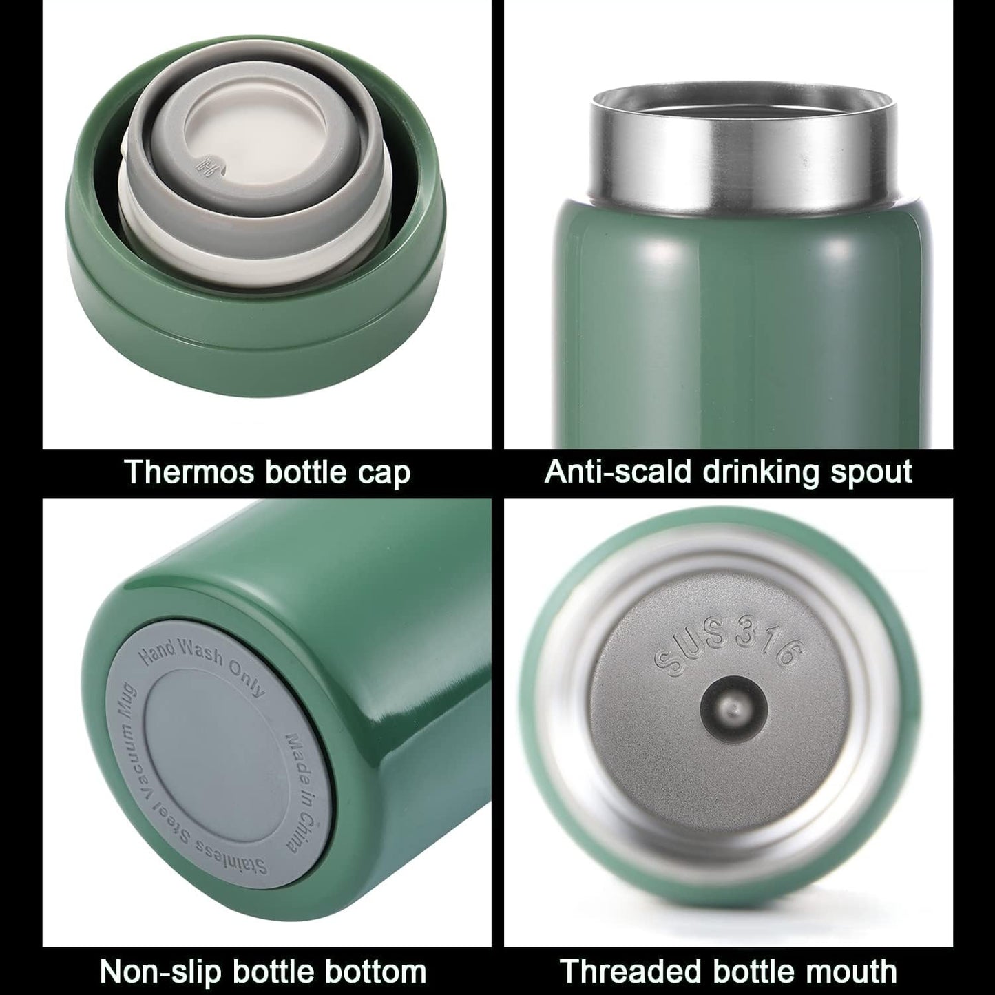 Mini Thermos Cute Water Bottle - 7 oz Tiny Insulated Vacuum 18/10 Stainless Steel Small Flask - Leak Proof & Spill Proof & Keeps Cold and Hot for Drink, Coffee, Tea - Green