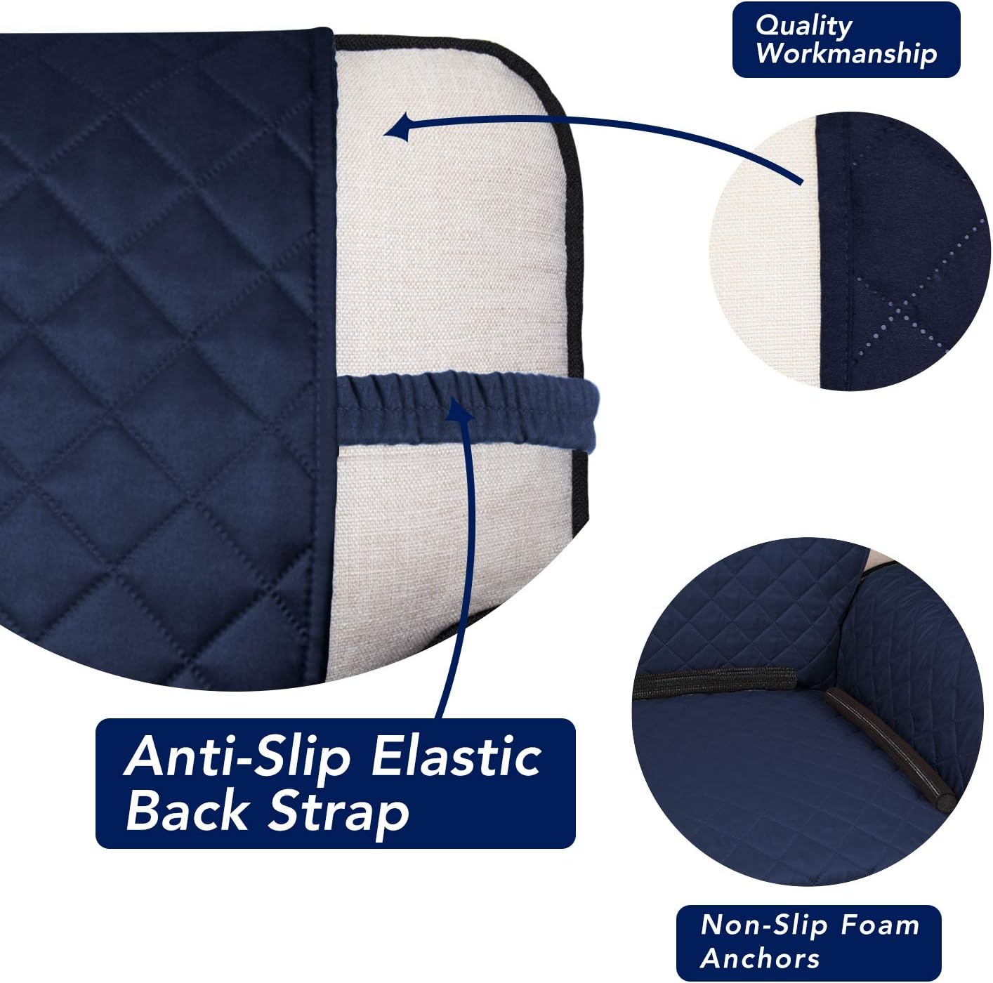 PureFit Reversible Quilted Sofa Cover, Water Resistant Slipcover Furniture Protector, Washable Couch Cover with Non Slip and Elastic Straps for Kids, Dogs, Pets (Chair, Navy/Ivory)