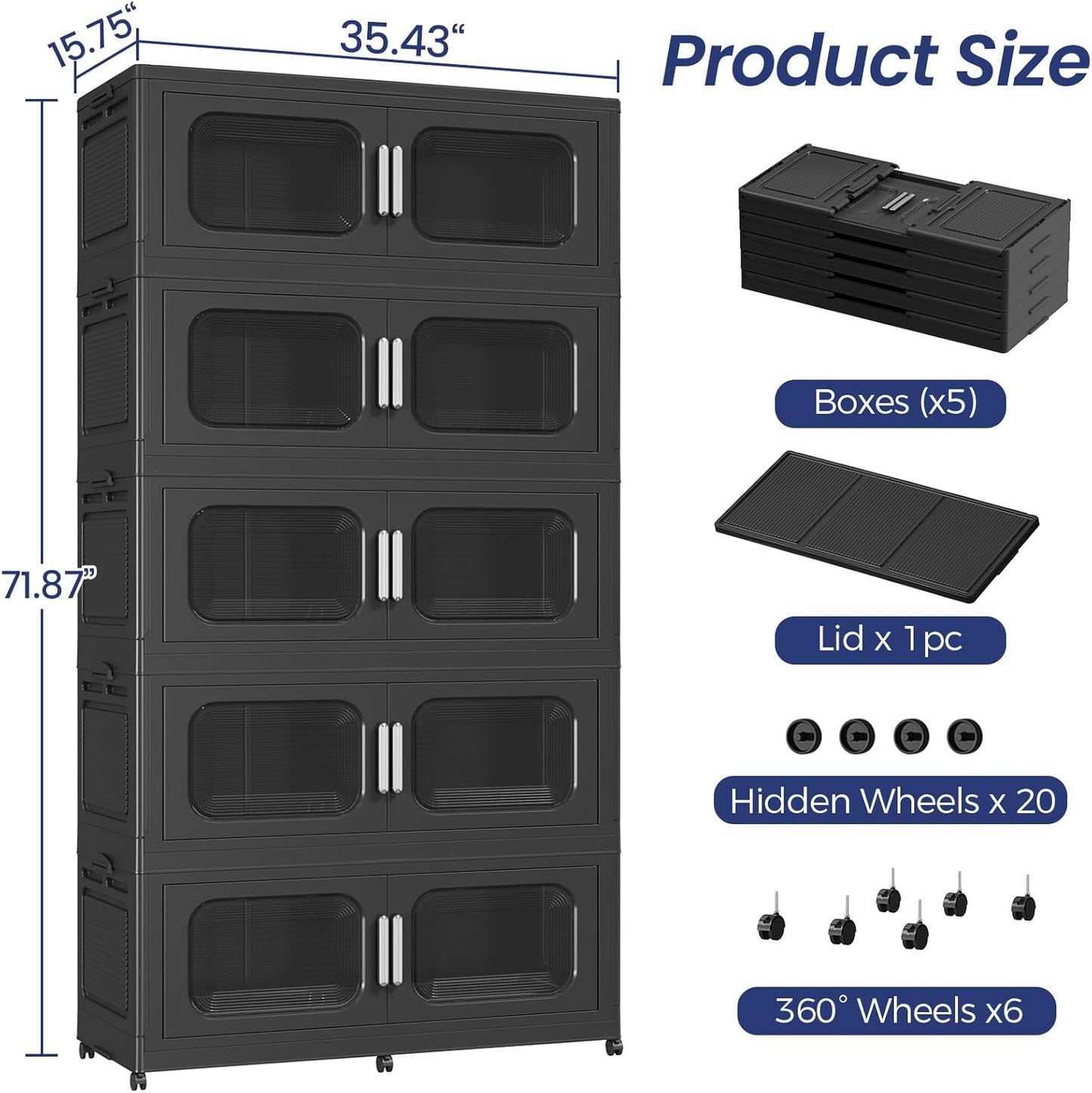250GAL Extra Large Storage Bins with Lid, 1000QT Storage Bins with Wheels, Folding Closet Organizer, Stackable Collapsible Plastic Storage Containers for Home, Office, Dorm, 5Pack Black