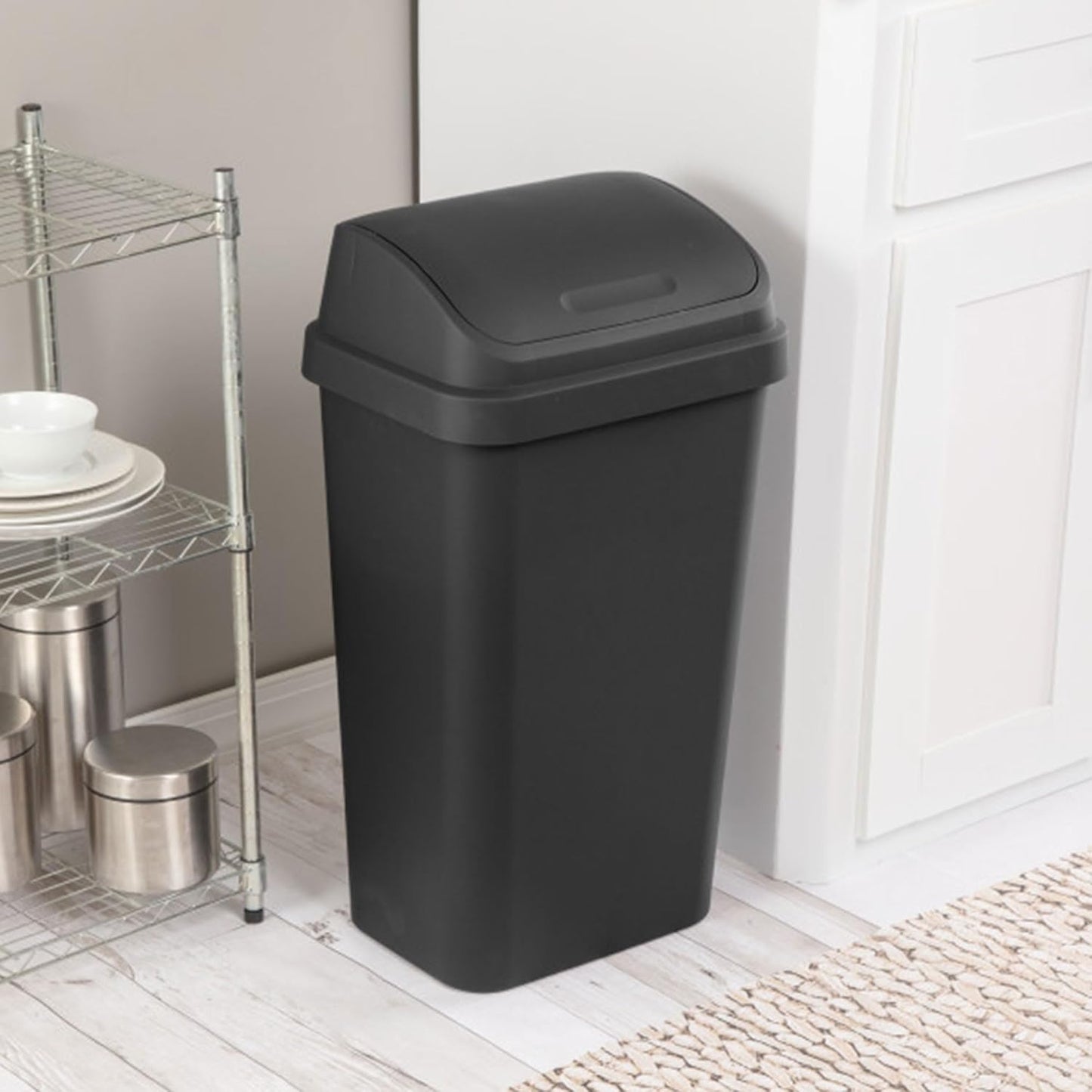 Sterilite 8-Pack Swing Top Wastebasket, Sleek Square Profile Trash Can, 13 Gallon, Black - Modern Garbage Bin for Kitchen, Bathroom, Garage and Workspace, Fits 13 Gal Liners