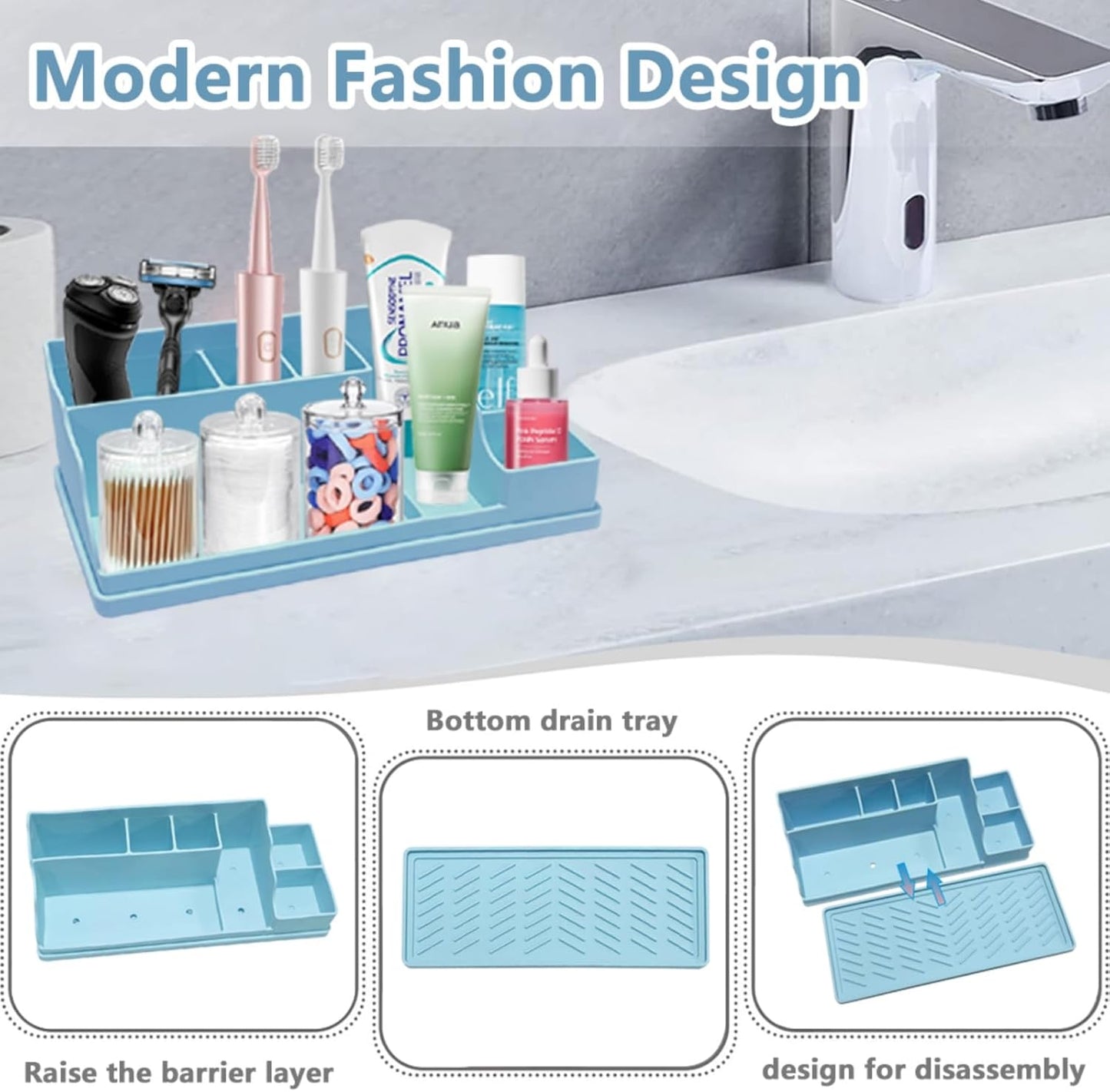 Silicone Multifunctional Bathroom Organizer Countertop,7Compartment Silicone Cosmetics Storage Organizer, Bathroom Countertop Accessories Storage,Toothbrush Stand for Vanity Office Sink, Blue