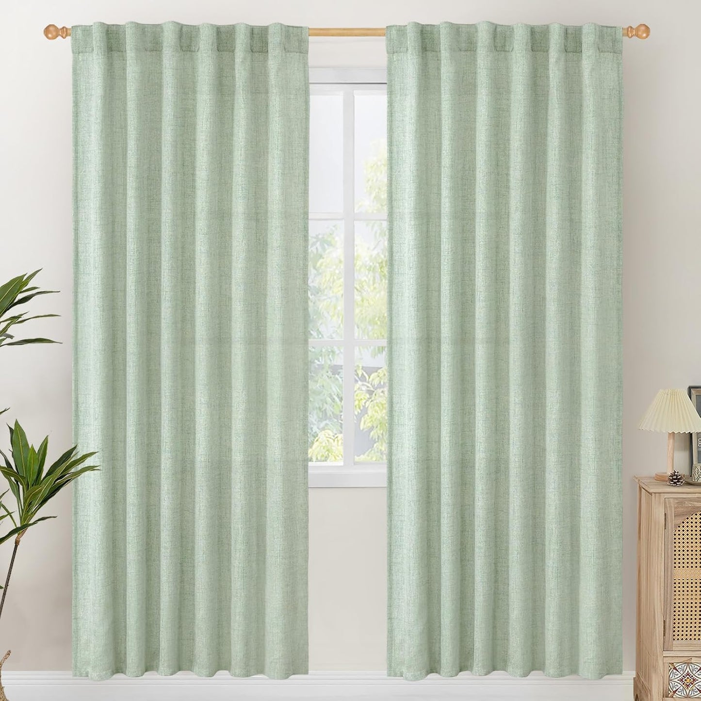 YoungsTex Sage Green Linen Curtains 78 Inches Long for Living Room, Semi Sheer Window Drapes Light Filtering with Rod Pocket Back Tab for Office Bedroom, 2 Panels, 52 X 78 Inch