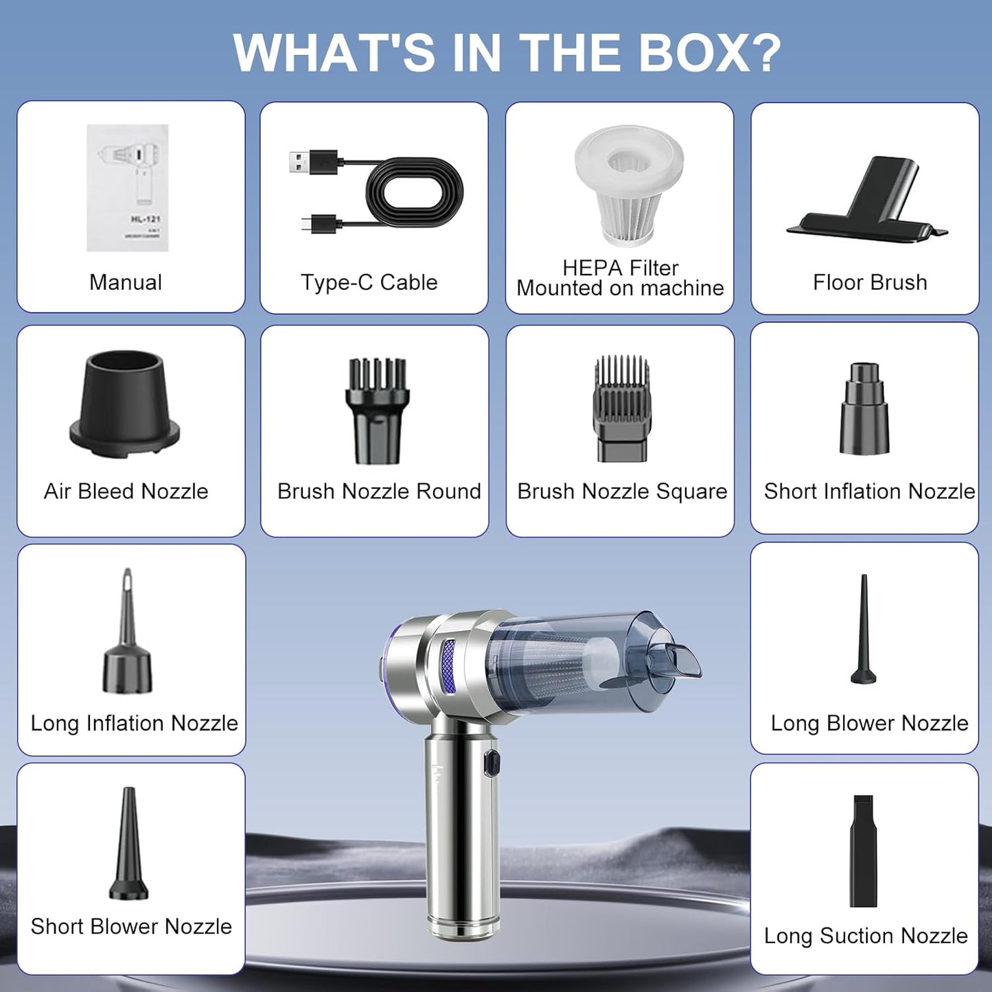 Car Vacuum Portable Cordless, 21000Pa Strong Suction Handheld Vacuum, 100W Auto Vac for Car Detailing, Home, RV Camping Use with 6000mAh Battery, Type-C Fast Charge & Blower Function