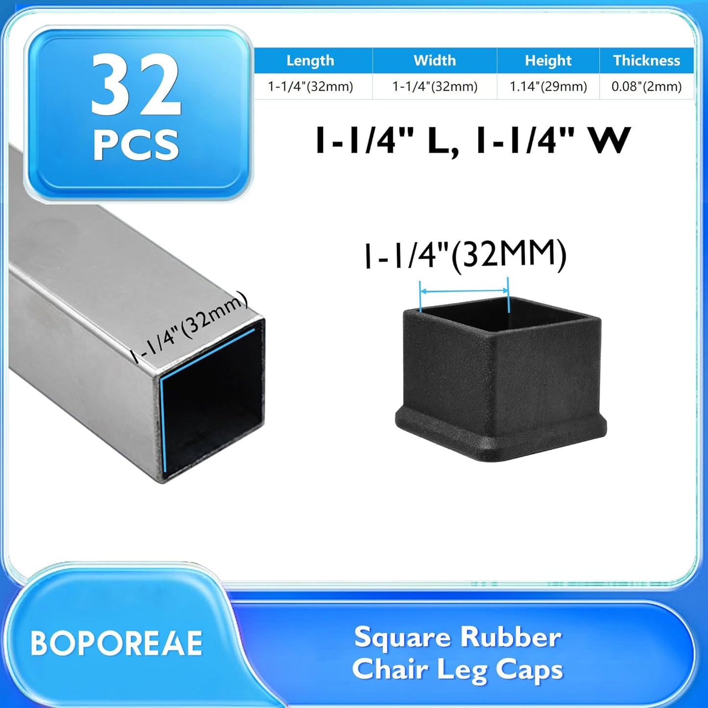 32 Pcs 1-1/4" x 1-1/4" Square Rubber Chair Leg Caps, PVC Table Leg Covers, Flexible & Anti-Slip Furniture Leg End Caps, Chair Leg Floor Protectors for Bar Stool Leg Patio Indoor, Black