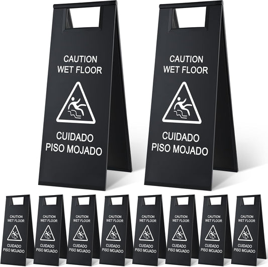 8 Pcs 24 Inch Stainless Steel Wet Floor Sign 8.8 Pound Caution Wet Floor Sign Bulk Double Sided Portable Foldable Bilingual Safety Warning for Kitchen Restaurant Restroom Avoid Fall(Black)