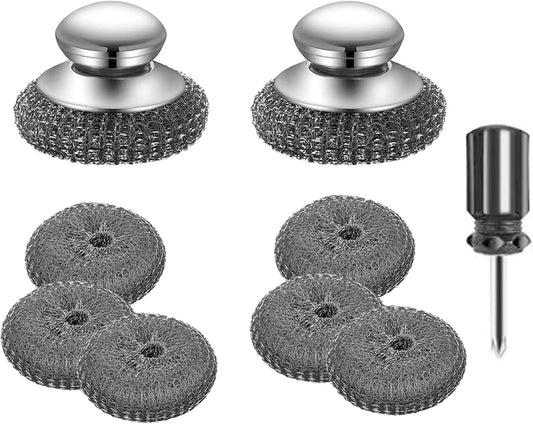 Stainless Steel Wool Metal Wire Scrubber Sponge Scouring Pads Brush Set with Handle for Cleaning Dishes,Pots and Pans,Kitchen Cast Iron,Stoves, Sink,Cooking Tools,Silver（9pcs）