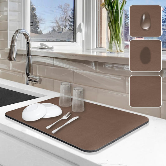 Dish Drying Mat for Kitchen Counter, 12"x19" Dish Drying Pad with Non-slip Rubber Backed, Hide Stain Anti Absorbent for Kitchen Counter, Drying Mat for Coffee Machine Dish Rack (Brown)