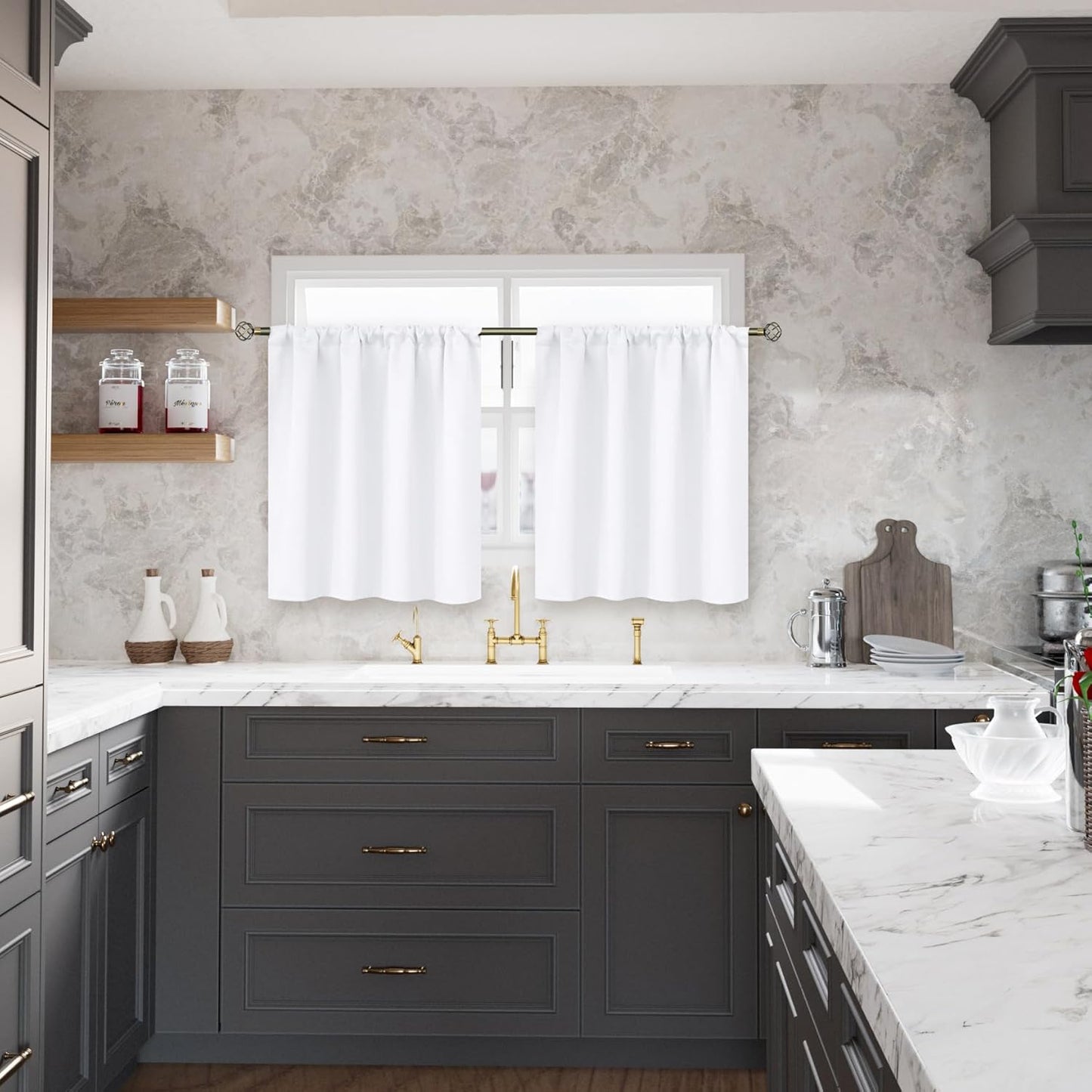 BGment White Curtains 36 Inches Length for Kitchen Cafe Window, Rod Pocket Small Half Window Drapes Privacy for Bathroom Rv Bedroom, 2 Panels, 34 x 36 Inch