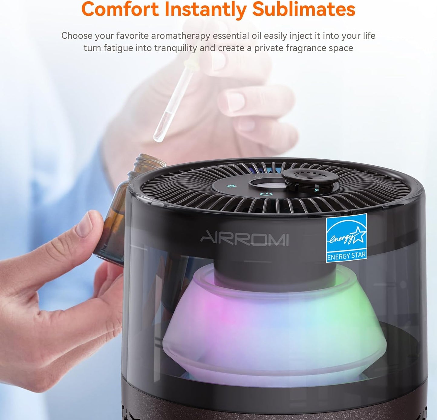 AIRROMI Air Purifiers for Bedroom Home,Up to 658 Ft²,Activated Carbon Filter Cleaner,With Fragrance Sponge for Better Sleep,Night Light,Pet Dander,Allergies,Smoke,Odor,Desktop Air Cleaner A2002 Brown