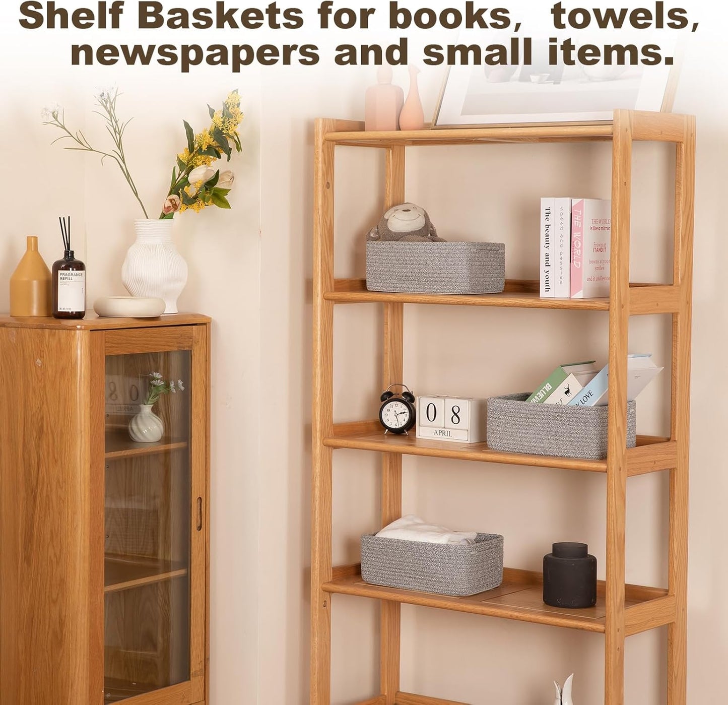 3 Pack Small Storage Baskets for Organizing, Cute Woven Decorative Gift Baskets for Shelves, Mini Closet Organizer Bins with Handles, 11.81''Lx7.87''Wx4.72''H-Grey