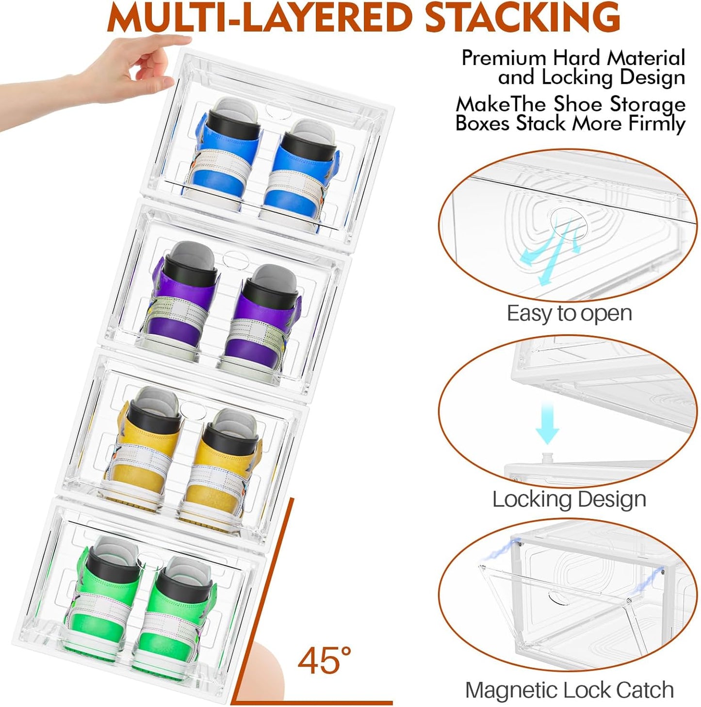 6 Pack Thicken Shoe Organizer Stackable,Upgraded Sturdy Shoe Storage Box with Magnetic Door,Shoe Containers for Sneaker Display,White