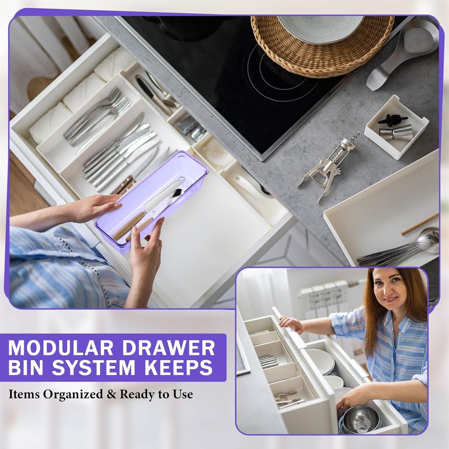 Maitys 12 Pcs Vanity Drawer Organizer 9 x 3 x 2 Inches Clear Plastic Utensil Organizers Kitchen Drawers Dividers for Office Desk Silverware Kitchen Utensils Cosmetics and Bathrooms(Purple)