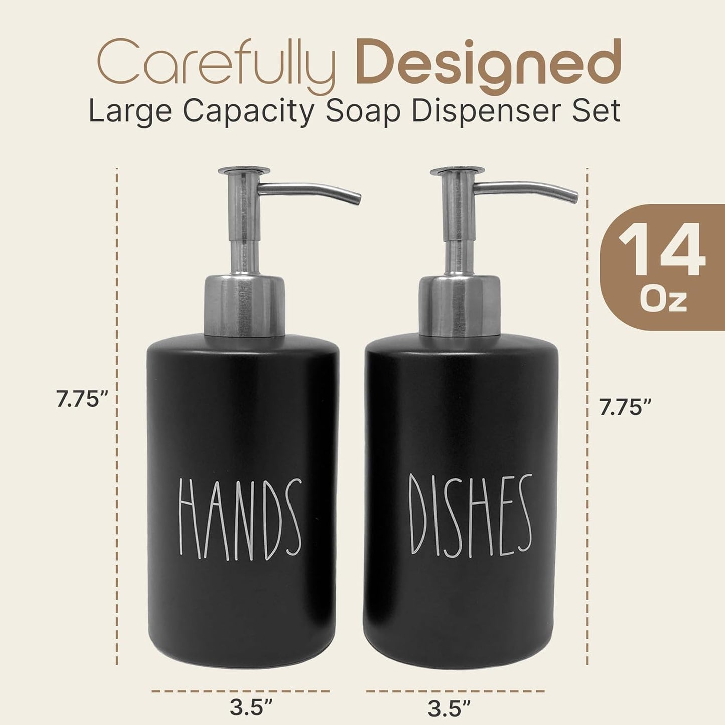 Modern Farmhouse Ceramic Dishes and Hands Soap Dispenser Set for Kitchen | Stainless Steel Pumps | 14oz, Black Bottles | Kitchen Décor for Counter