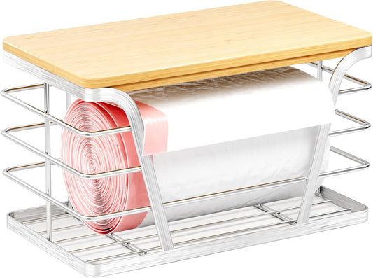 Small Bag Holder，Plastic Bag Holder with Removable Bamboo Top, No Drill, 304 Stainless Steel