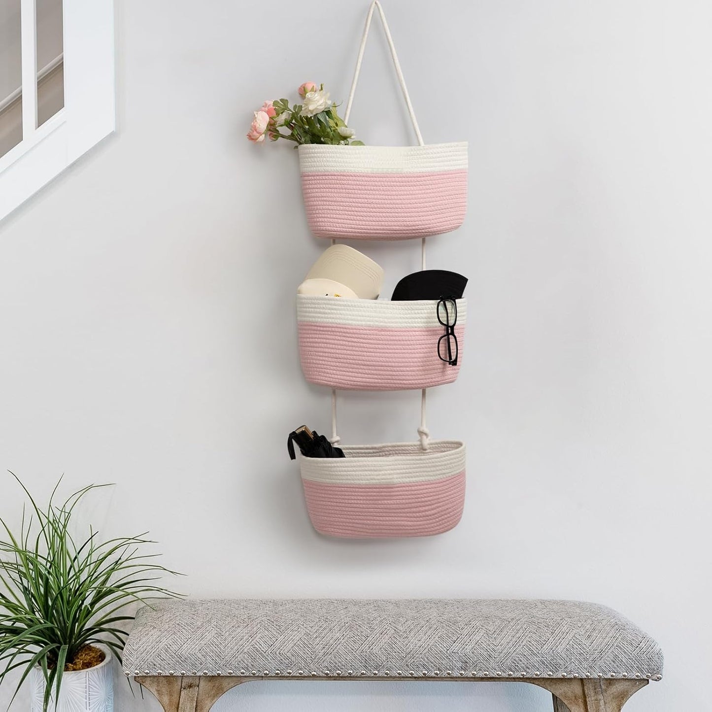 TeoKJ Over the Door Organizer, 3-Tier Woven Cotton Hanging Kitchen Baskets Storage Organizer Bag with Hooks Wall-Mounted Decorative Rope Baskets - Pink+White