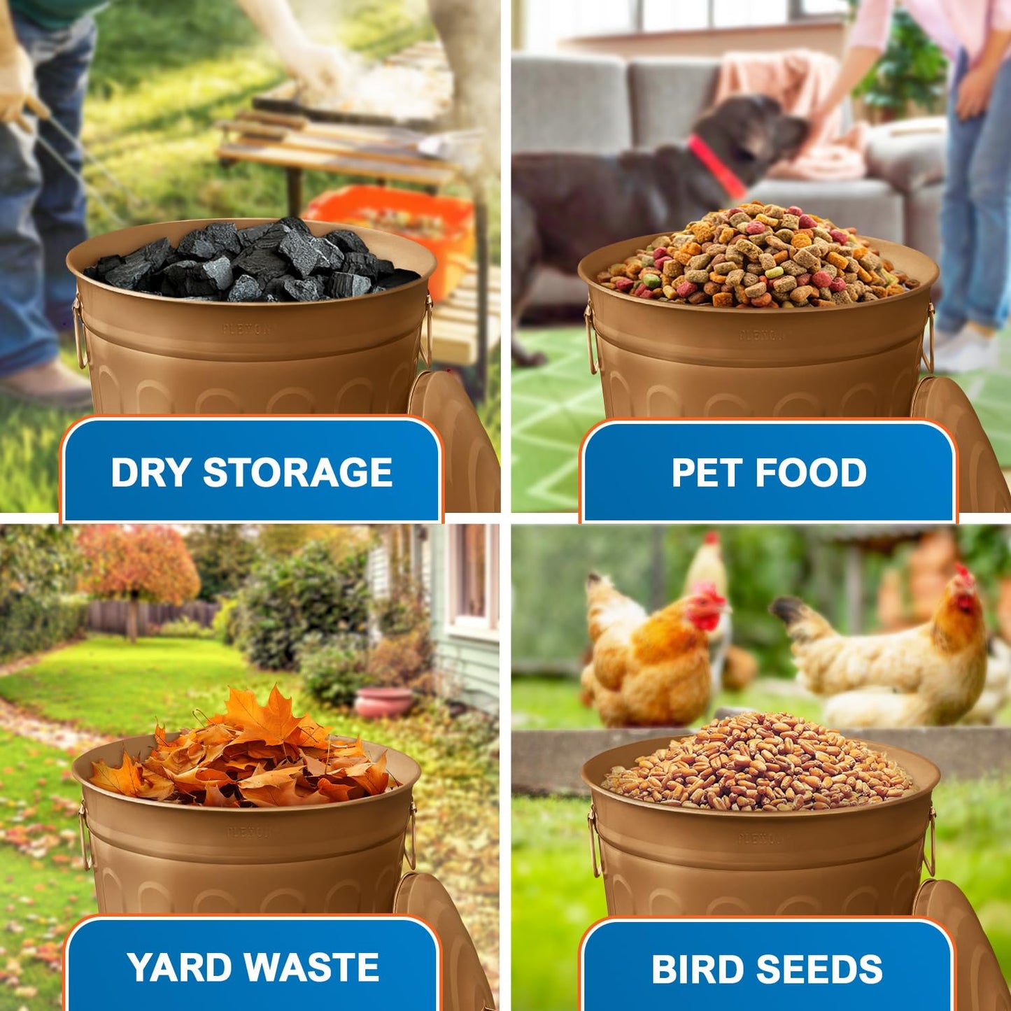 Plexon Round Trash Can 13 Gallon, Vintage Metal Outdoor Trash Can with Lid, Retro Farmhouse Garbage Container, Old School Modern Ash Bucket, Copper 2 Pack