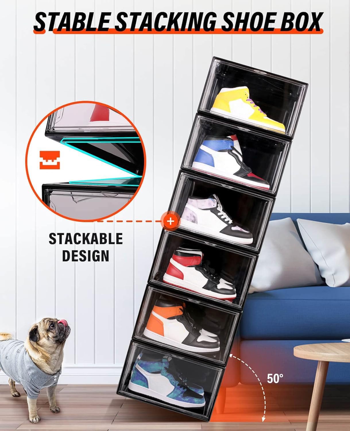 KDOR Clear Shoe Boxes Stackable, 3 Pack Shoe Storage Box with Lids Magnetic Door, Clear Sneaker Storage Acrylic Boxes for Display, Fit Shoe Size Up to US 15