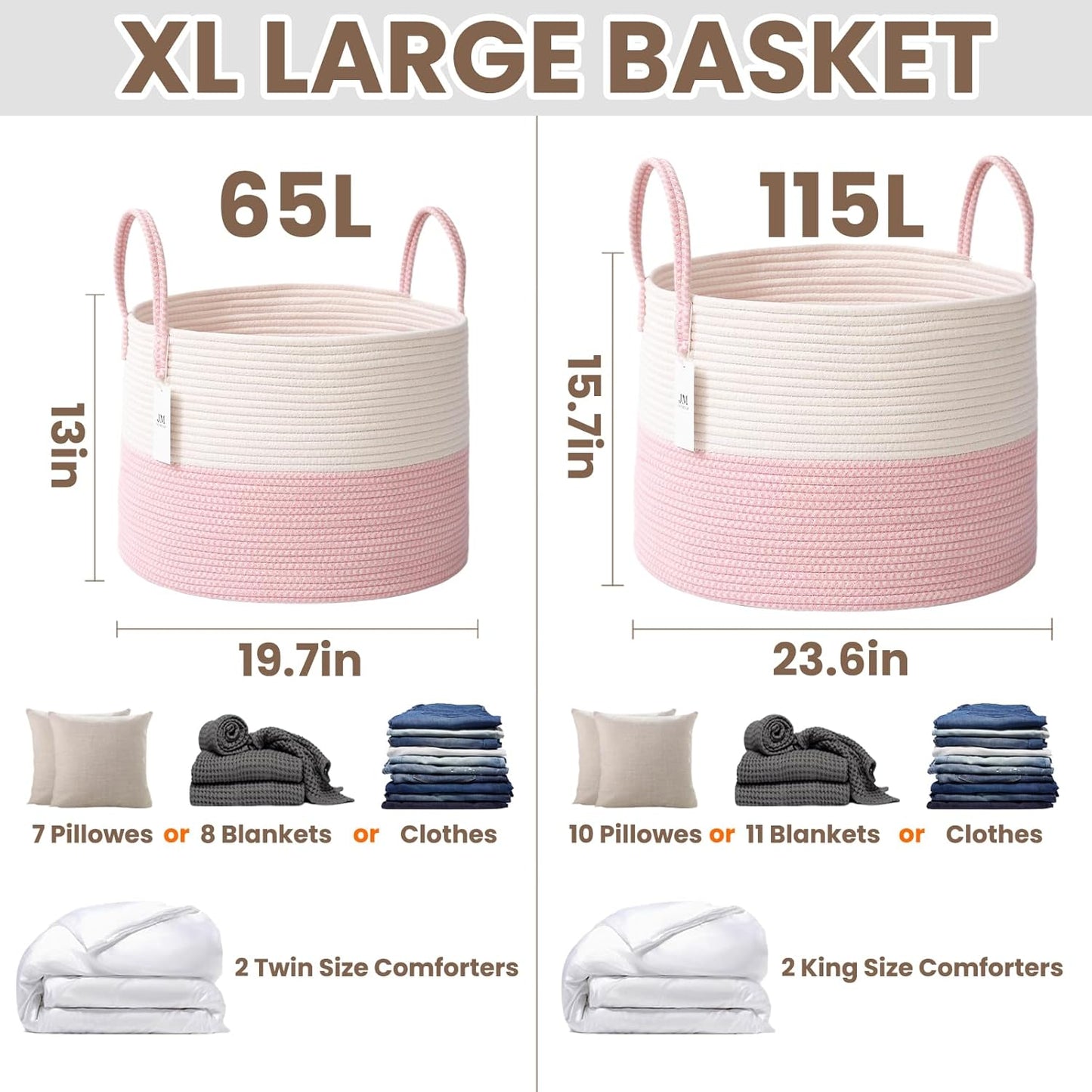 Woven Blanket Basket,65L Large Rope Storage Bin with Handles, Organizer for Blankets Toys Book and Clothes, Laundry Basket for Living Room Bedroom Nursery,White&Pink