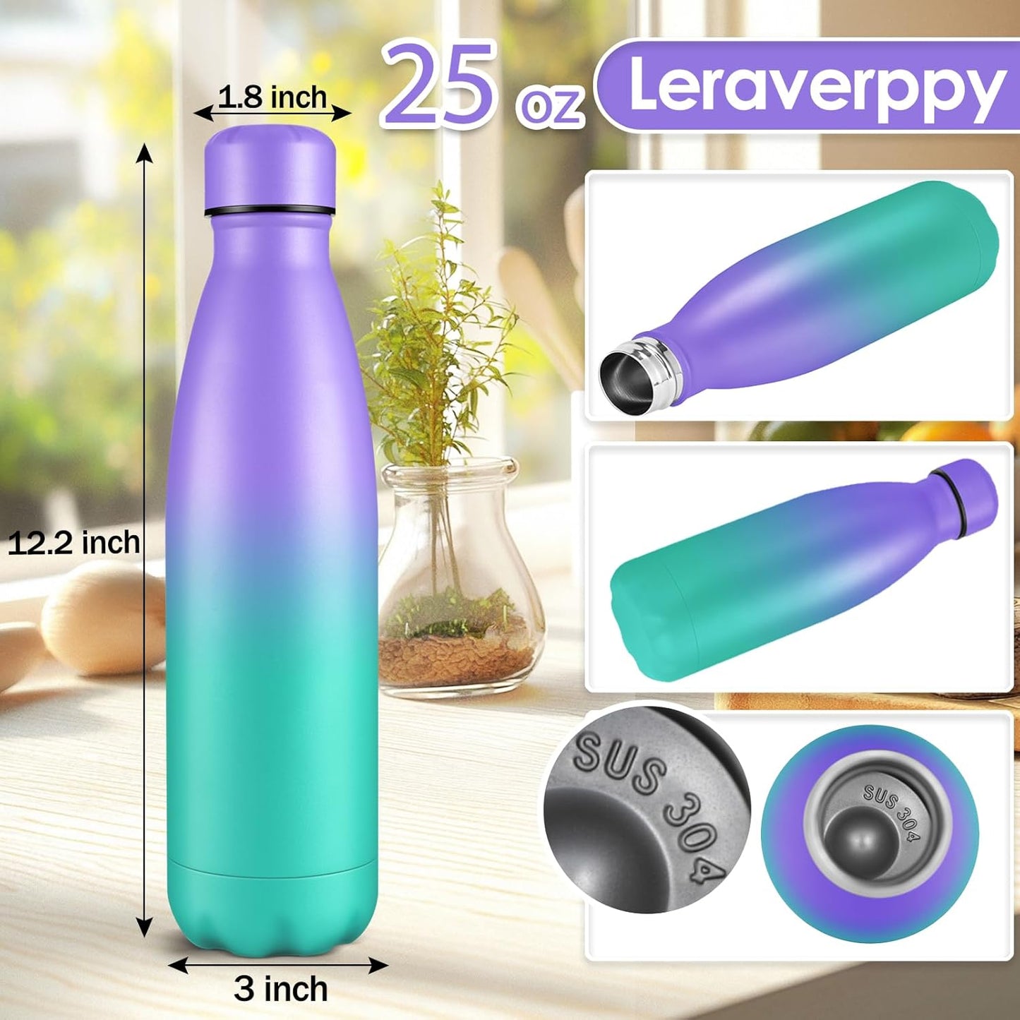 25oz Cola-Bottle Shaped Stainless Steel Leak-proof Water Bottle,Double Wall Vacuum Insulated Metal,Travel Mug For Sports Indoors & Outdoors,BPA-Free Kids Flasks,Purple Green(4 Pack)