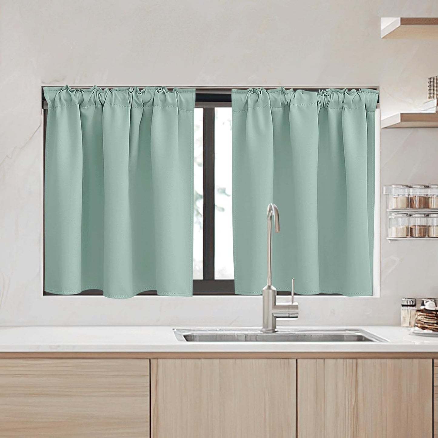 RYB HOME Kitchen Window Curtains - Blackout Privacy Half Window Curtains for Bedroom Bathroom Dining Living Room Cafe Office Short Tiers Drapes, W 34 x L 36 inches, 2 Panels, Aqua