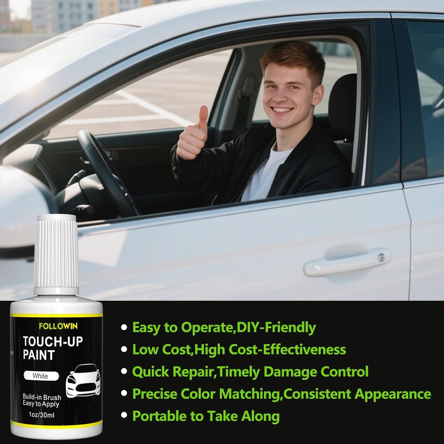 FOLLOWIN White Touch Up Paint for Cars, Car Paint Scratch Repair,Built-in Brush Auto Paints 1OZ(30ml)