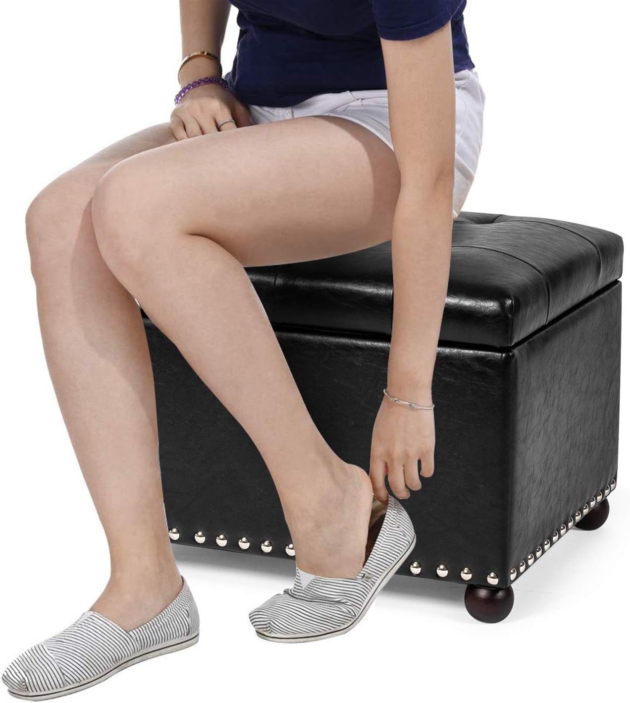 Joveco Leather Storage Ottoman, 24" Rectangle Tufted Foot Rest Stool, for Living Room Bedroom, Midnight Black