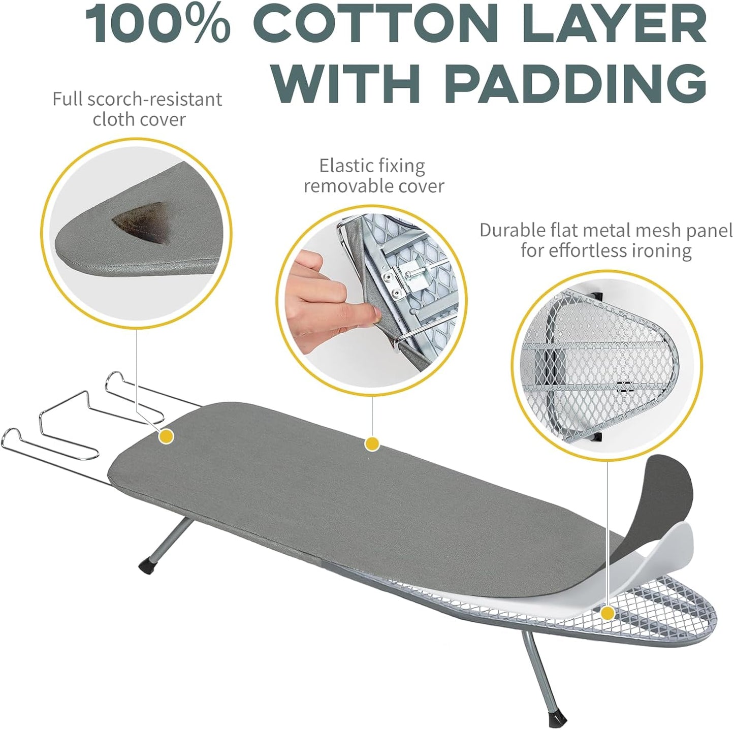 Metal Foldable Tabletop Ironing Board with Iron Rest, Portable Ironing Board Small with Heat Resistant Cotton Cover, RAINHOL Mini Iron Board for Small Space and Travel, 31"x12", Gray