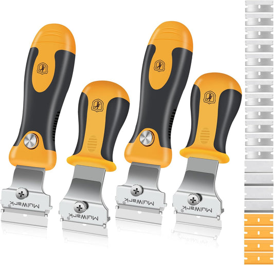 MulWark Razor Blade Scraper, 4 Handles Razor Scraper Set With Extra 24pcs Blades Heavy Duty Paint & Glass Scraper Tool With Extendable Handle for Windows, Oven Cleaning & Surface Prep