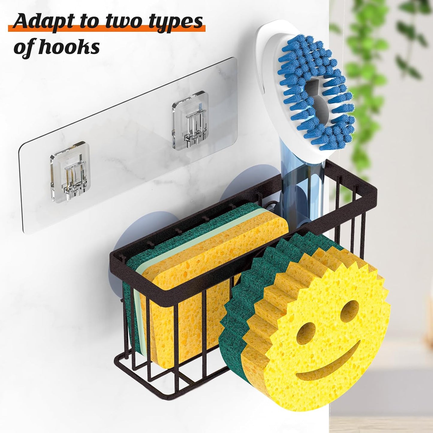 Sponge Holder Smiley Face,Sink Caddy,Sink Organizer with 2 Suction Cups/1 Adhesive Strips,Designed for Sponge,Soap,Dish Brush,Scrubber - Bronze