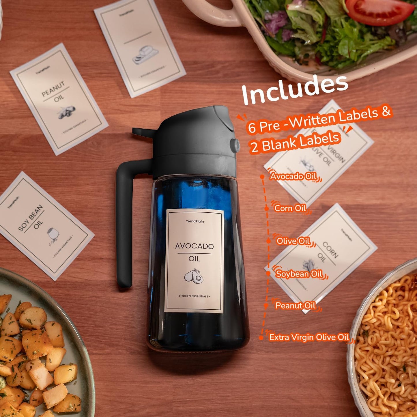 TrendPlain 16oz/470ml Blue Glass Olive Oil Sprayer for Cooking - 2 in 1 Olive Oil Dispenser for Kitchen Gadgets, Air Fryer, Salad, and BBQ - Black & Green