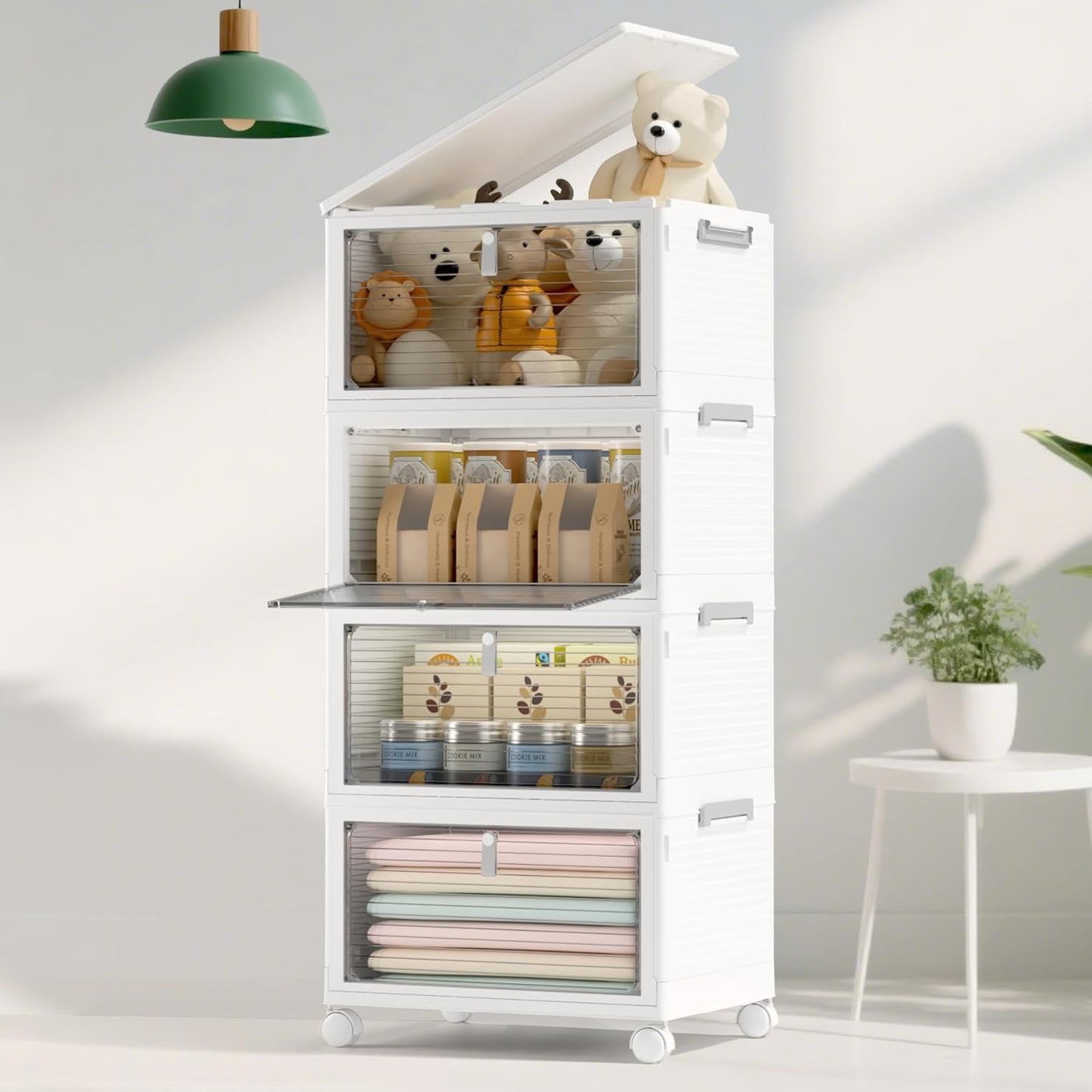 Storage Bins with Lids,4 Tier Stackable Storage Bins with Drawers,4 Pack Collapsible Plastic Storage Boxes with Wheel-1 Lid,23QT Foldable Containers for Closet Living Room Bedroom Office.