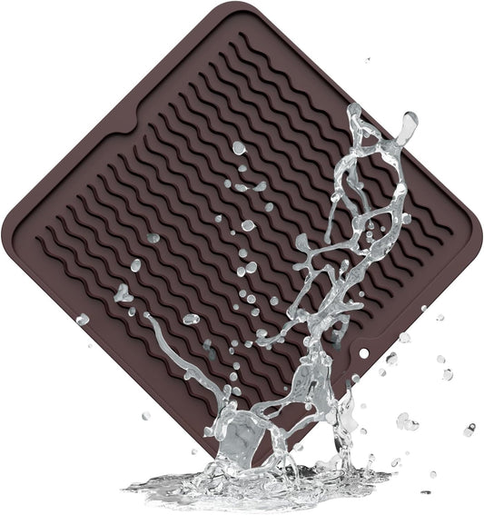 ZLR Silicone Dish Drying Mat for Kitchen Counter, Eco-Friendly Fast Dry Dish Mat, Easy Clean Multi Usage Drying Matt, Heat Resistant Trivet, 12" x 12" Middle, Coffee