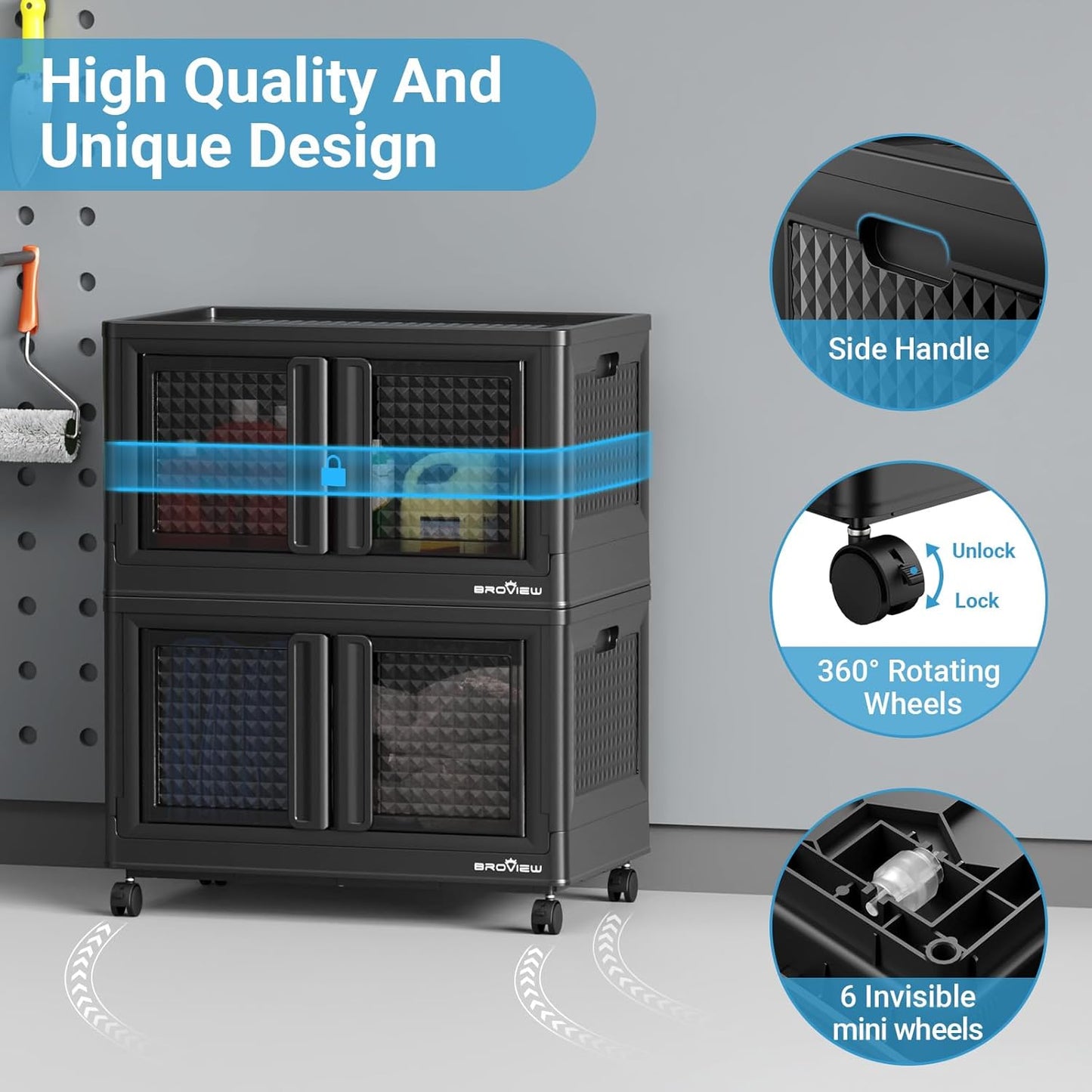 BROVIEW 120Gal Stackable Storage Bins with Lids & Wheels, 480Qt Plastic Collapsible Closet Organizer and Storage Drawers, Storage Boxes Cabinets for Home, Office, 6 Pack, Black