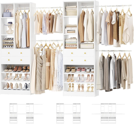 Closet System, Up to 134"/11.2 FT Closet Organizer with 4 Wooden Drawers and Shelves, Walk-in Closet System with 6 Hanging Rods, Built-in Closet Can Fit 96"/8FT, 120"/10FT, White