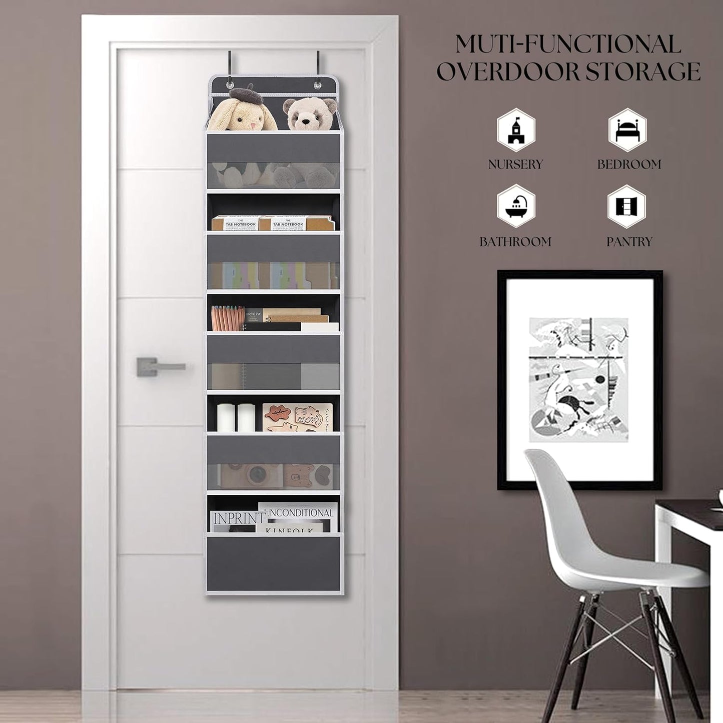 Over Door Organizer with 5 Large Pockets, Heavy Duty Hanging Organizer Storage, Closet Bathroom Nursery Bedroom Dorm, Toys Cosmetics Sundries and Baby Essentials, Gray