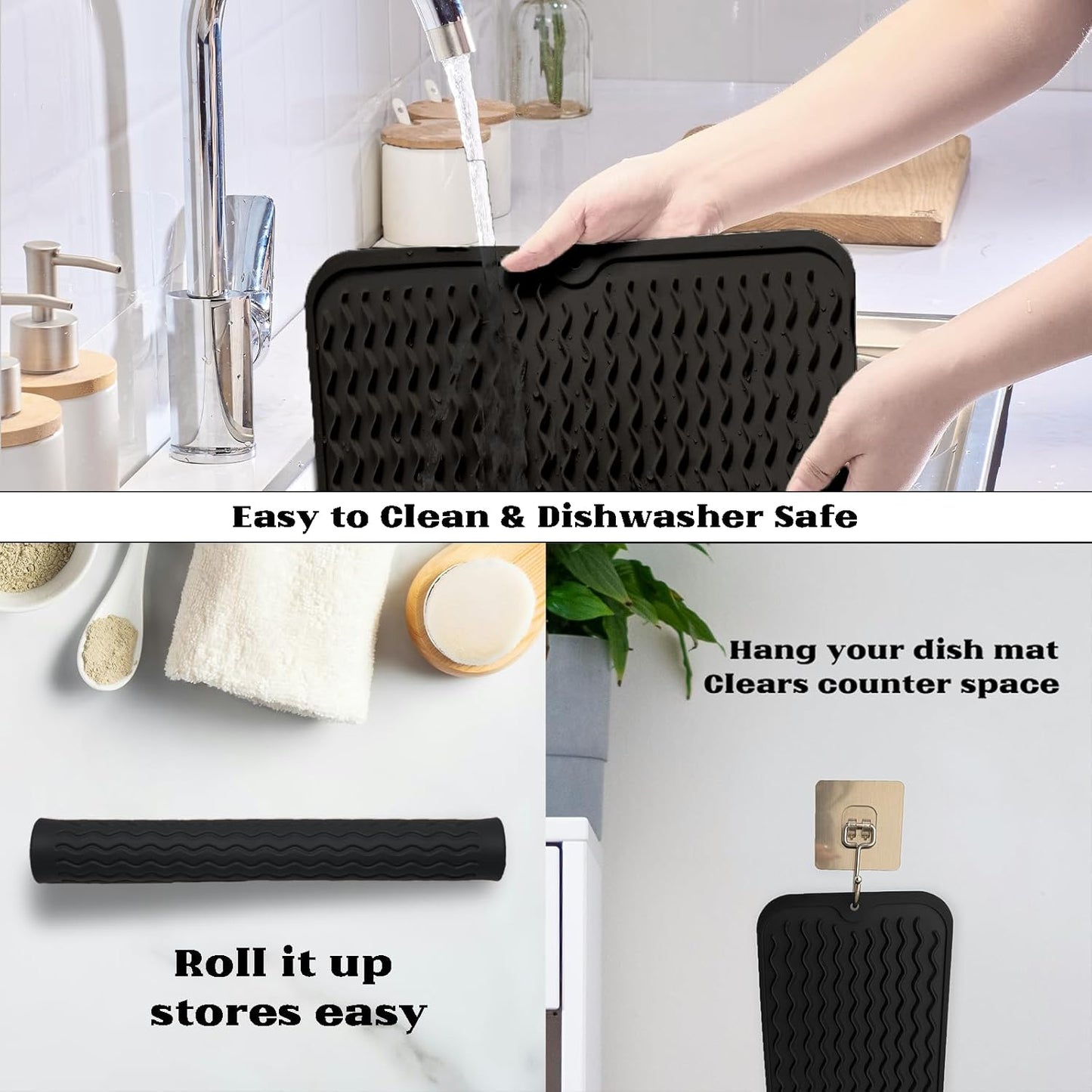 ZLR Silicone Dish Drying Mat for Kitchen Counter, Eco-Friendly Fast Dry Dish Mat, Easy Clean Multi Usage Drying Matt, Heat Resistant Trivet, 12" x 16" Large, Black