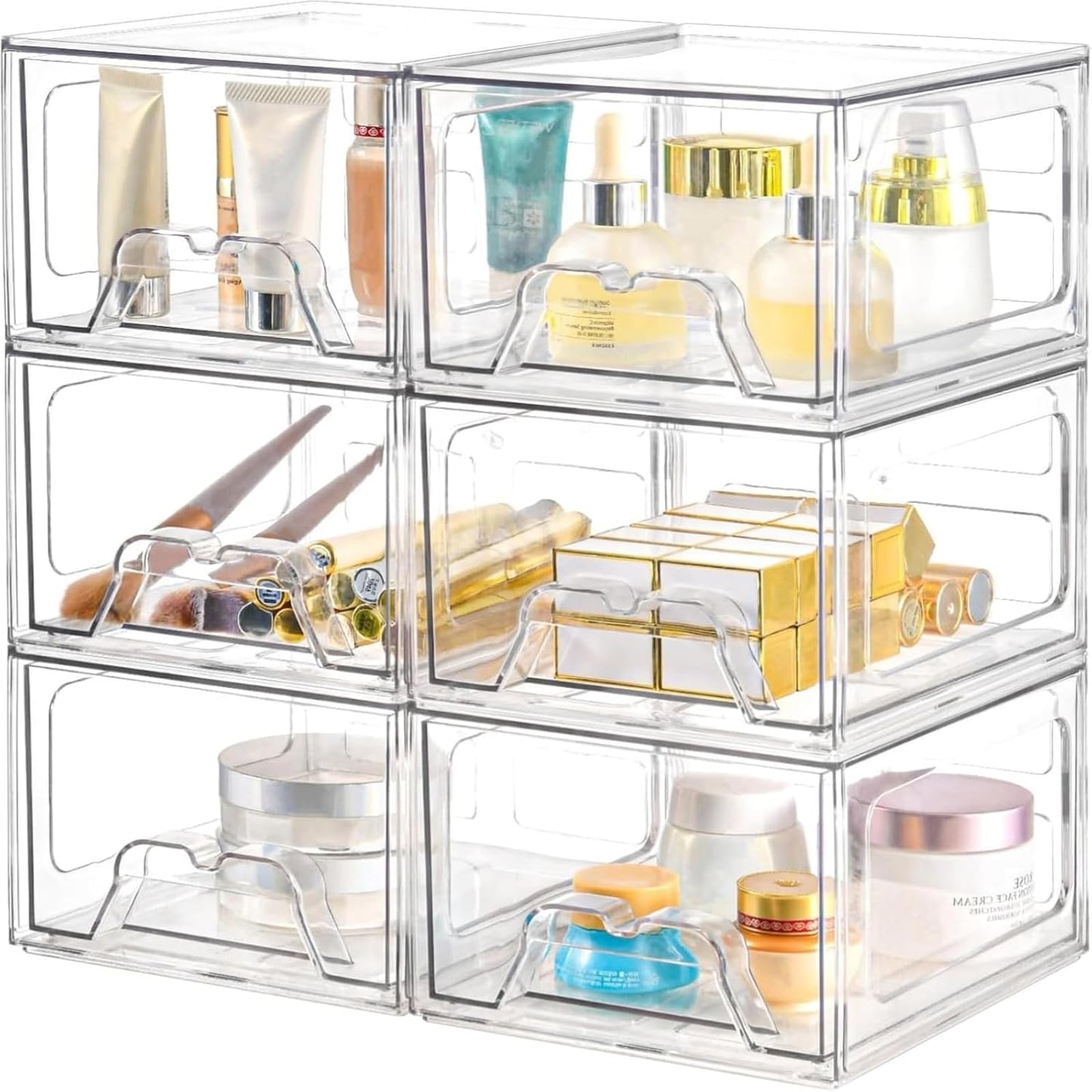Plastic Drawers Storage, 6 Pack Clear Stackable Storage Drawers, Acrylic Storage Bins with Drawers for Fridge Organizers, Small PlasticDrawers Stackable for Makeup Organizers Cosmetic Display