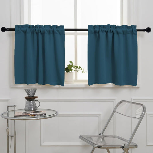 Pickluc Cafe Curtain (Half Window Curtain) 30 Inches Length, Rod Pocket Kitchen Curtain, Short Blackout Curtain for Small Window, 30" Wide and 30" Long, 2 Panels, Bluestone