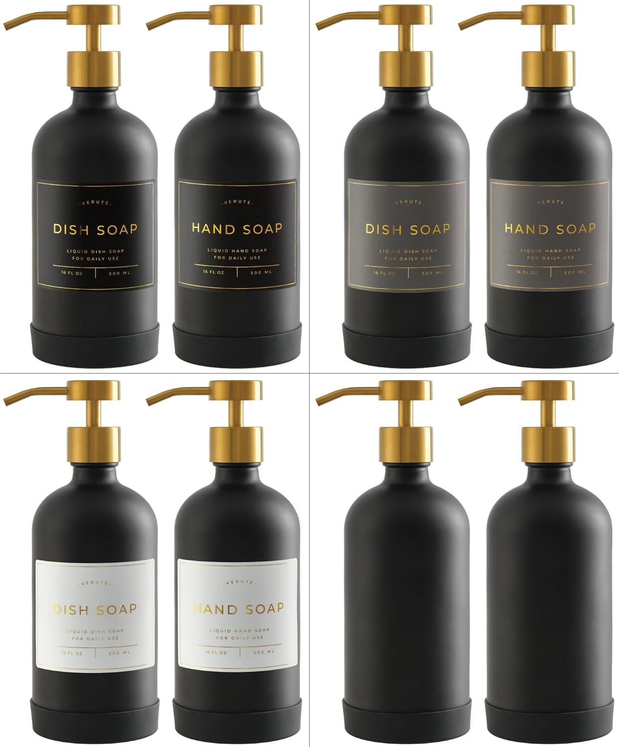 16oz Glass Soap Dispenser with Stainless Steel Pump, 21 Waterproof Labels, Non-Slip Protective Silicone Pad, Set of 2 for Bathroom & Kitchen (Matte Black Bottle/Brushed Gold Pump)